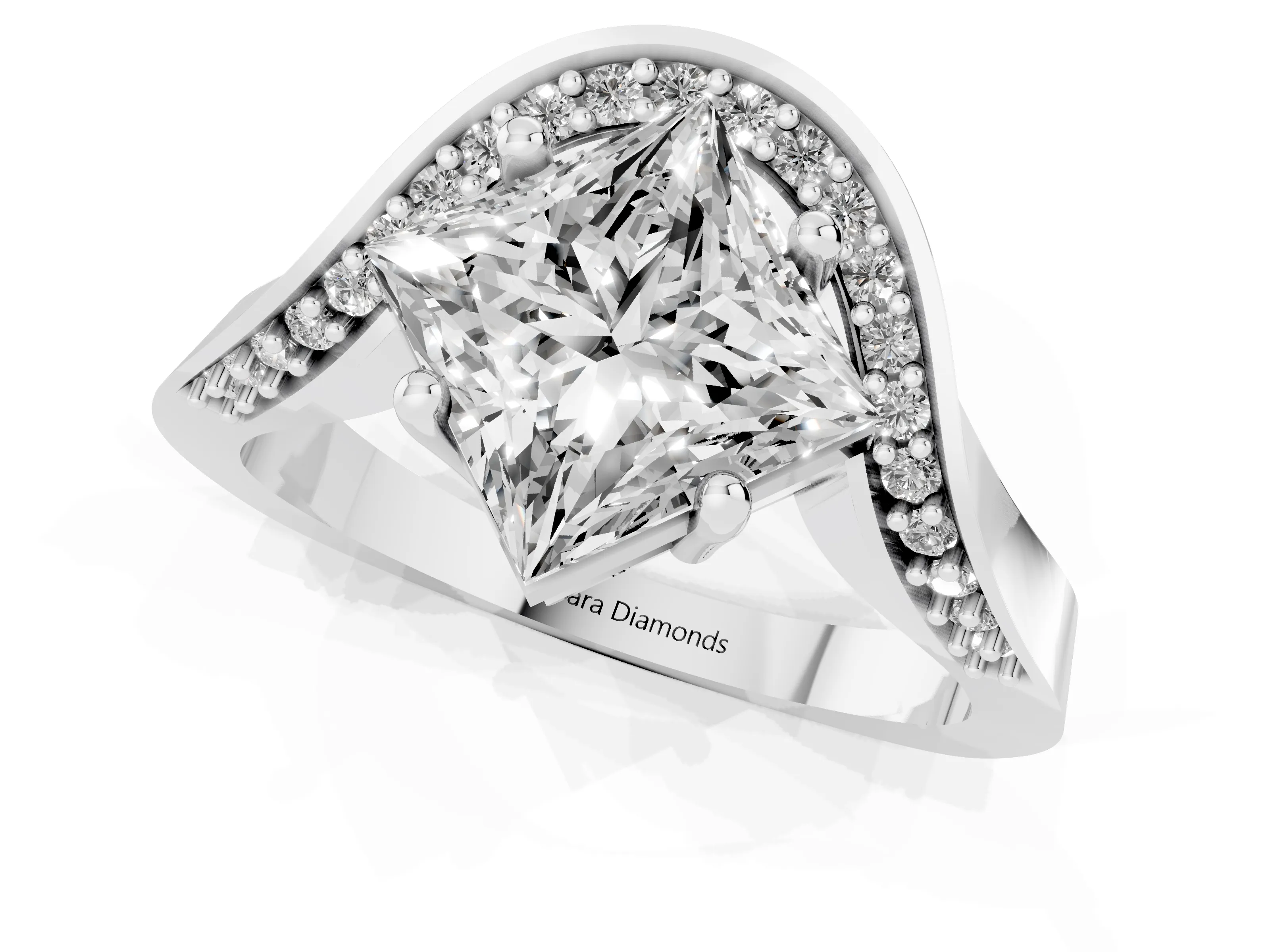 Princess Cut Diamond Solitaire Engagement Ring Set in Silver with Pavé Shoulders