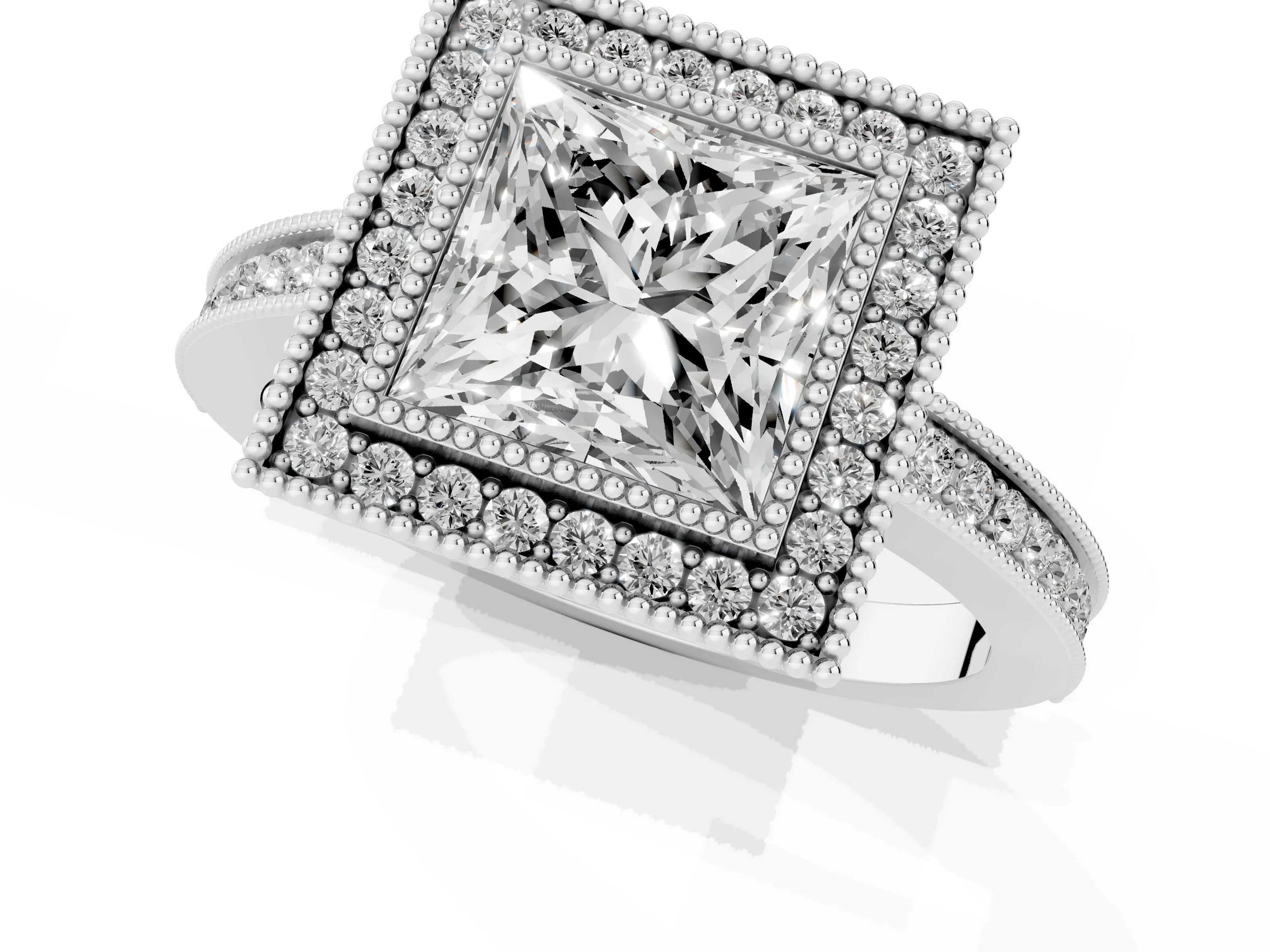 Princess Cut Diamond Halo Ring Set in Platinum with Pavé Band and Milgrain-Edged Prongs