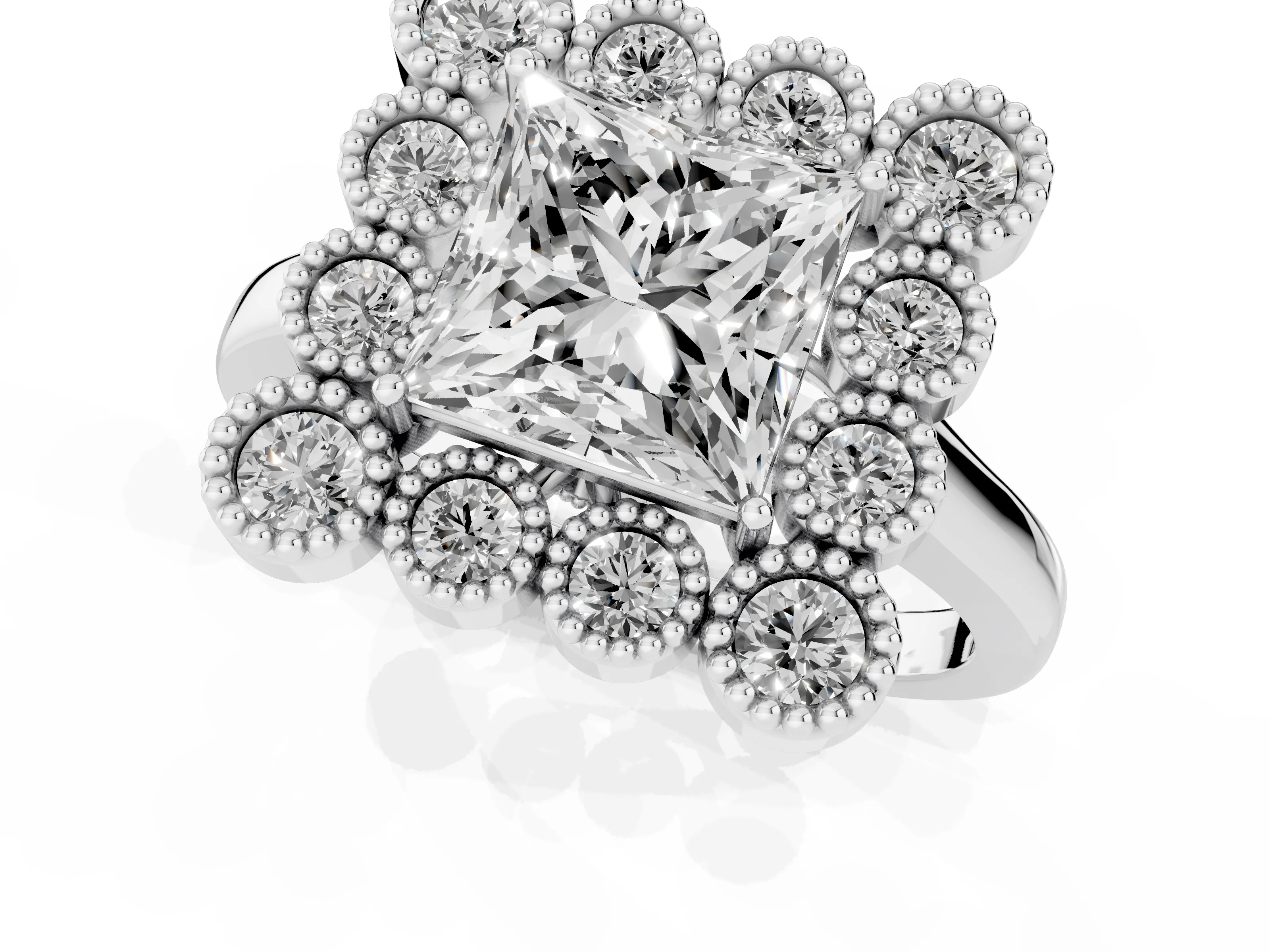 Princess Cut Diamond Cluster Halo Ring Set in White gold with Milgrain Bezel Accents and Plain Band