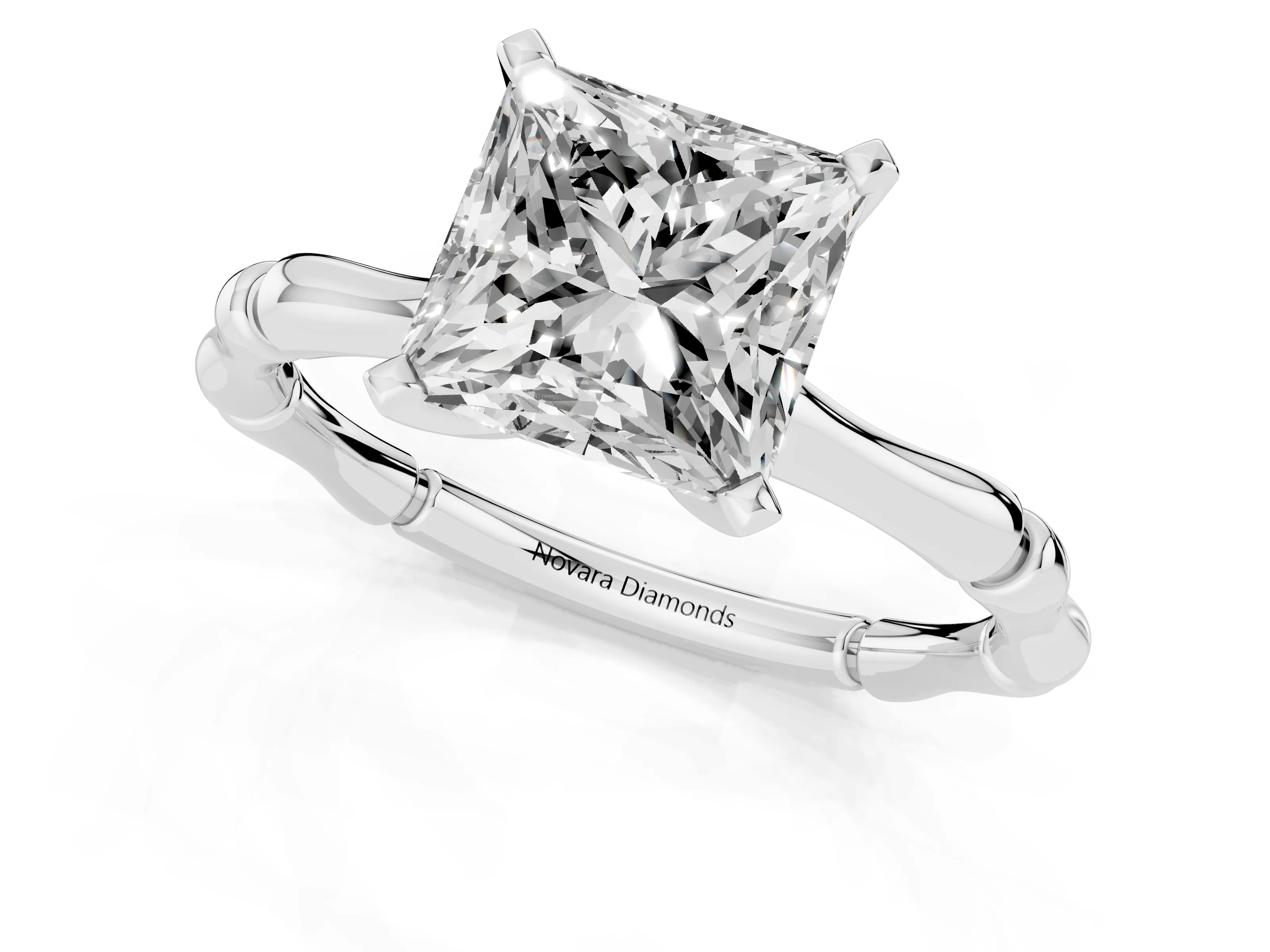 Princess Cut Diamond Solitaire Ring Set in Platinum with Bamboo Band and Prong Setting
