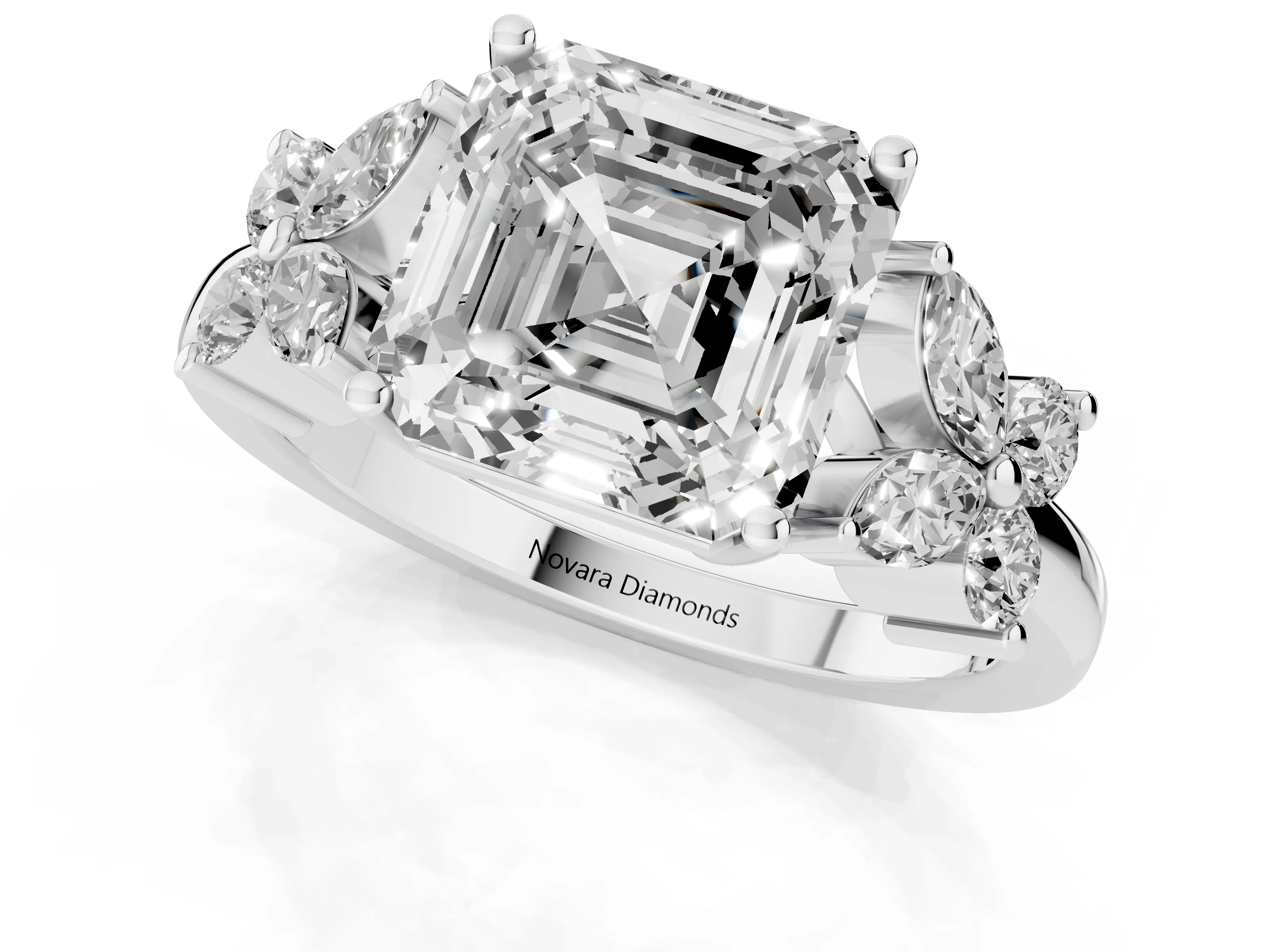Princess Cut Diamond Floral Cluster Ring Set in Silver with Marquise Petals and Prong Setting