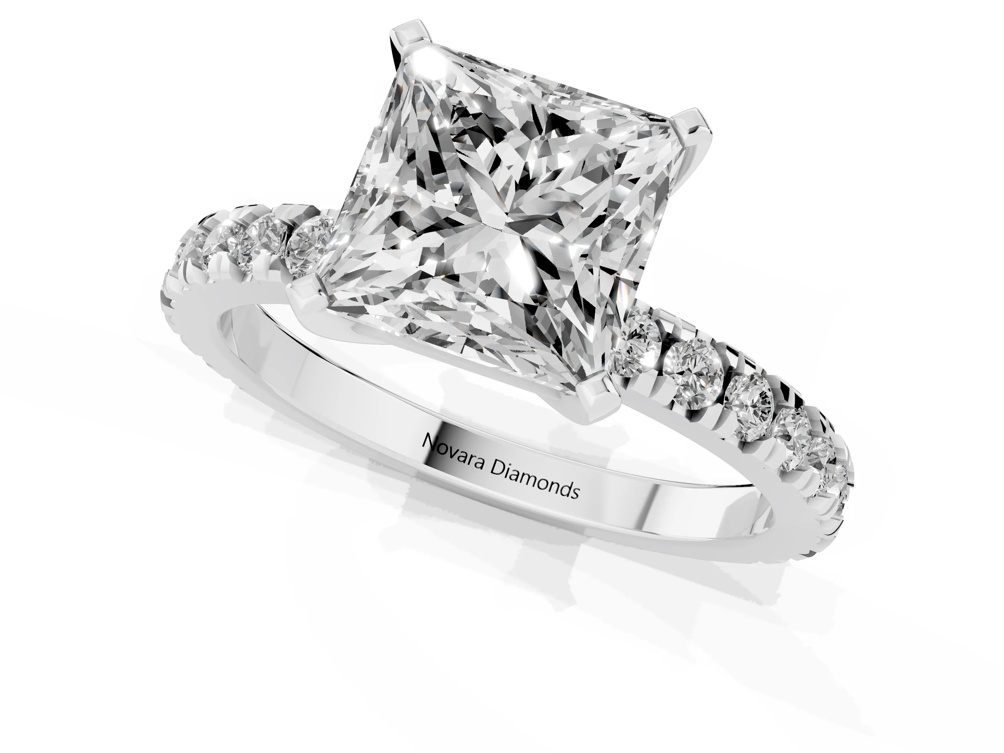 Princess Cut Diamond Pavé Band Solitaire Set in Platinum with Prong Setting