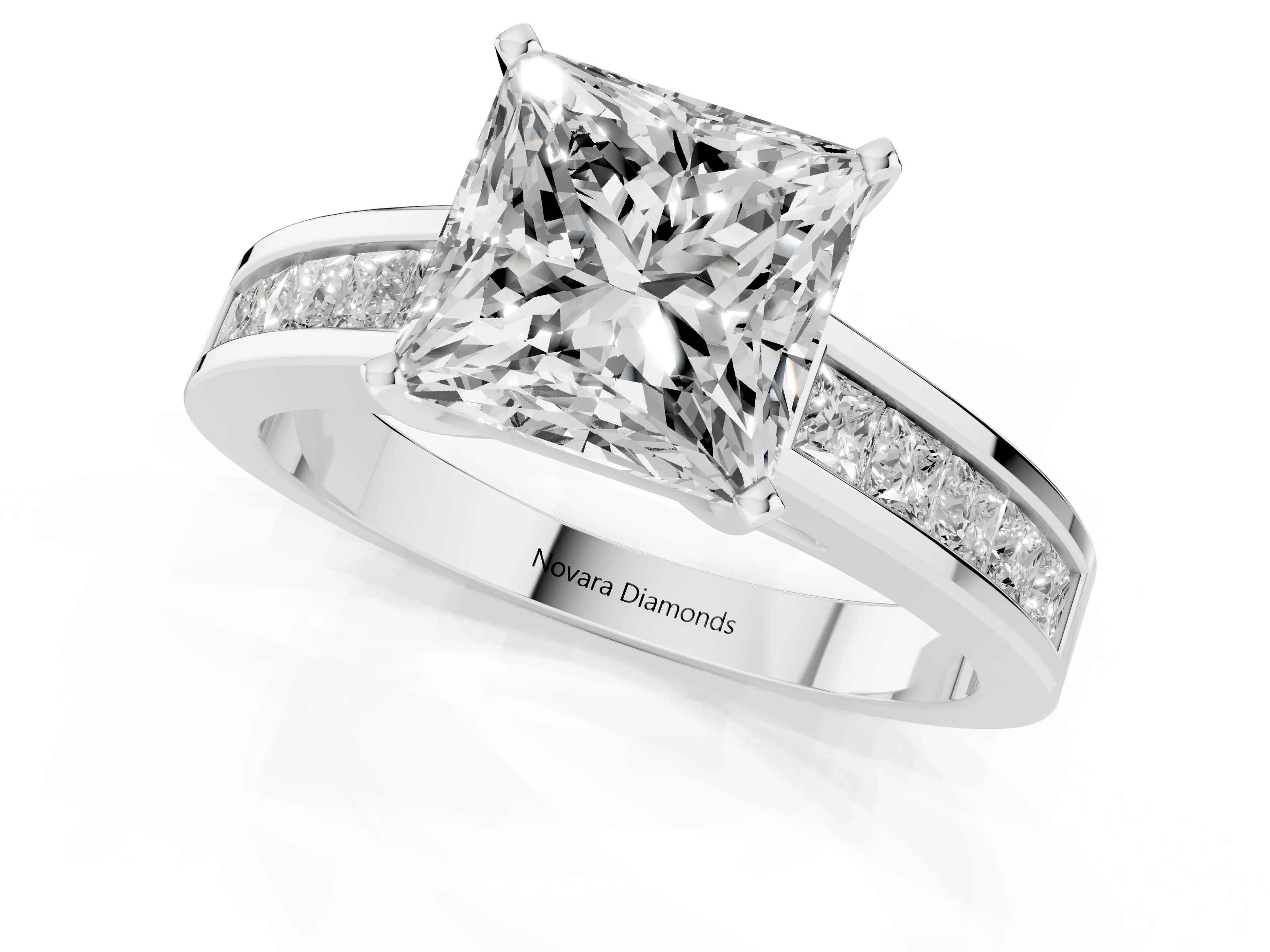 Princess Cut Diamond Solitaire Ring Set in Silver with Channel-Set Band and Prong Setting