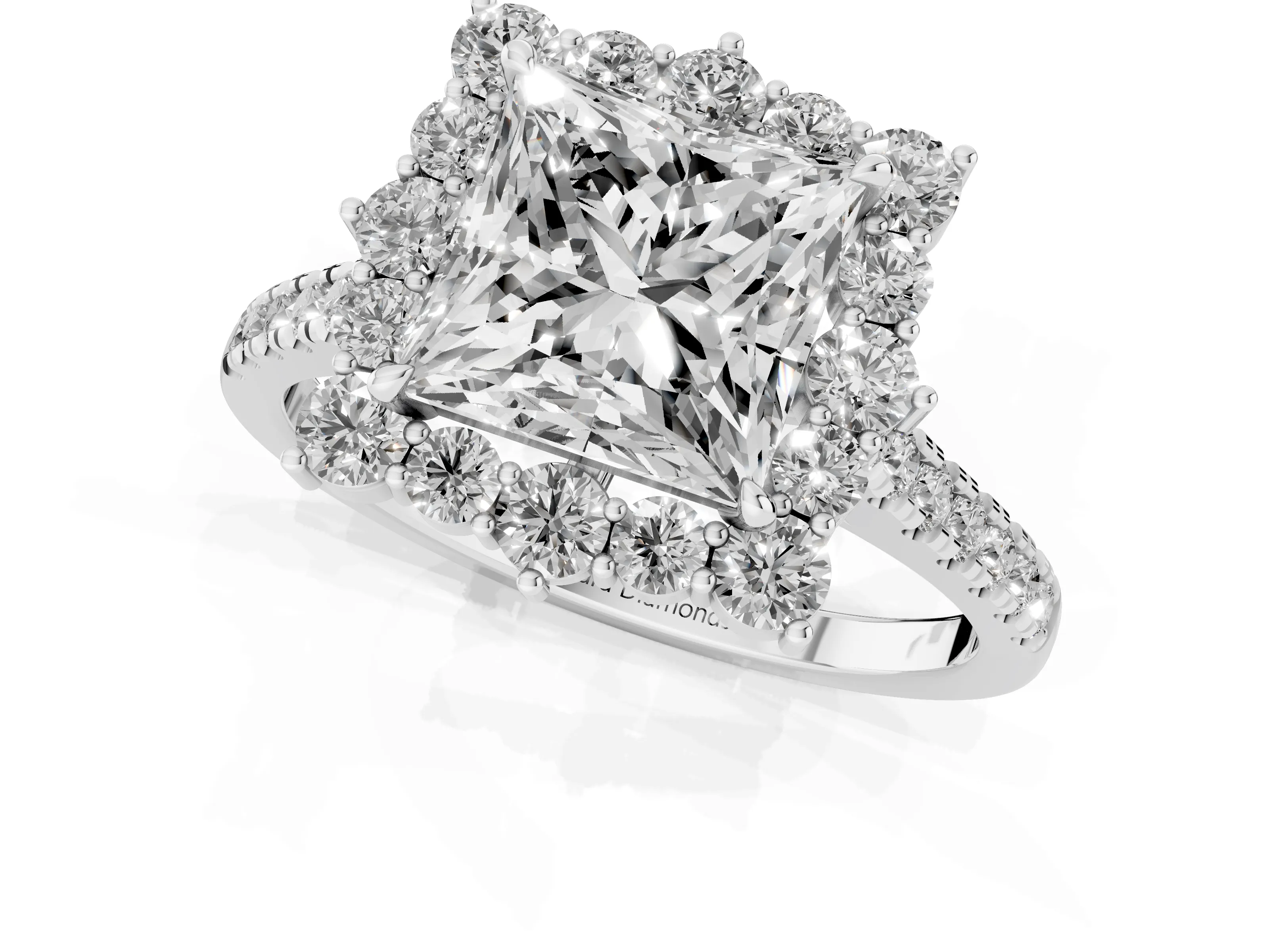 Princess Cut Diamond Halo Ring Set in White gold with Pavé Band and Prong Setting