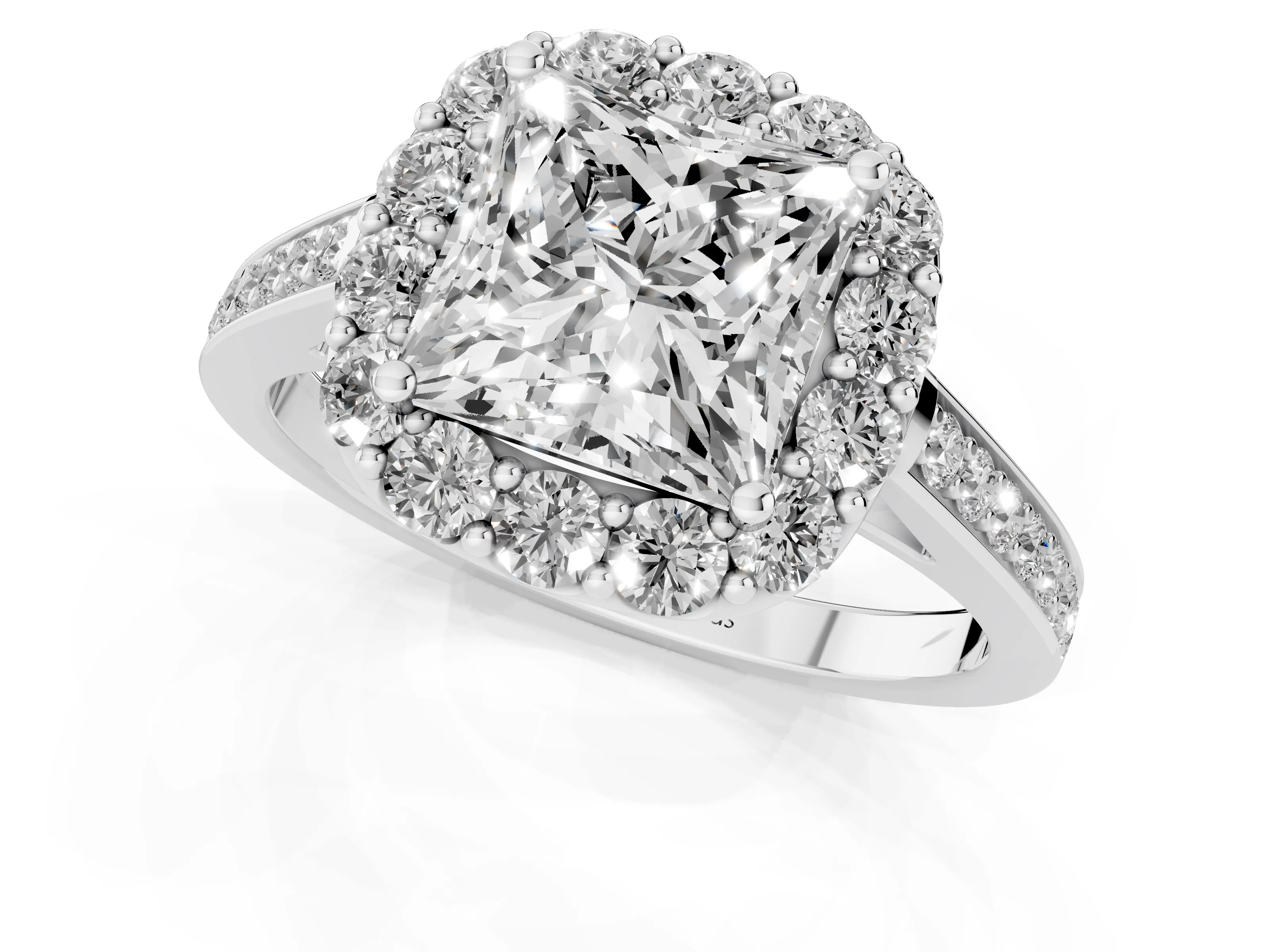 Princess Cut Diamond Floral Halo Ring Set in White gold with Pavé Band and Prong Setting