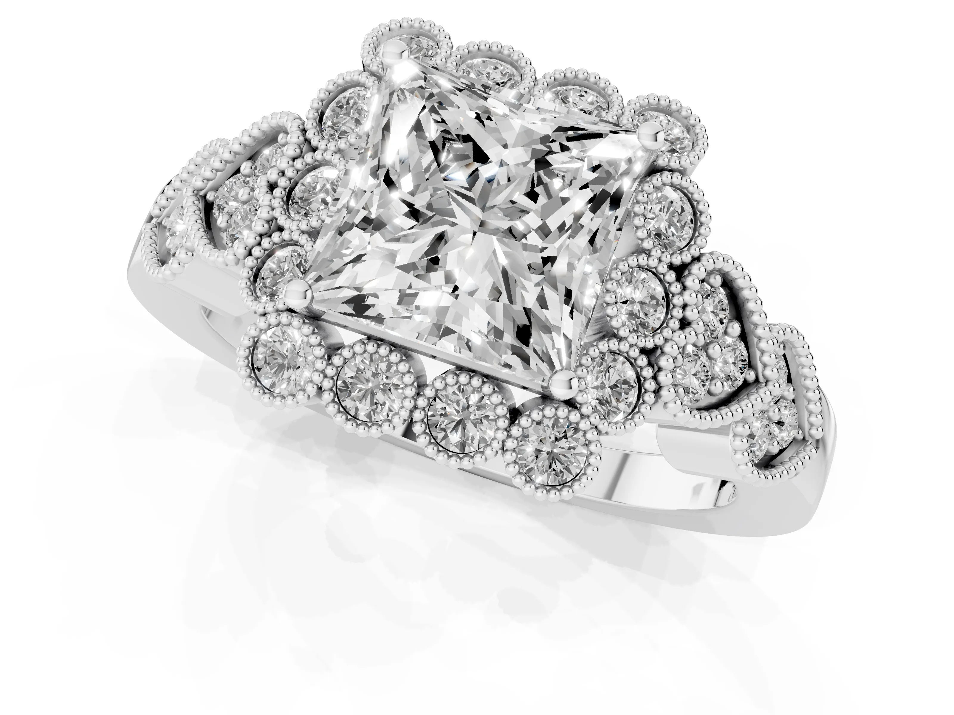 Princess Cut Diamond Solitaire Ring Set in White gold with Milgrain Pavé Heart Band