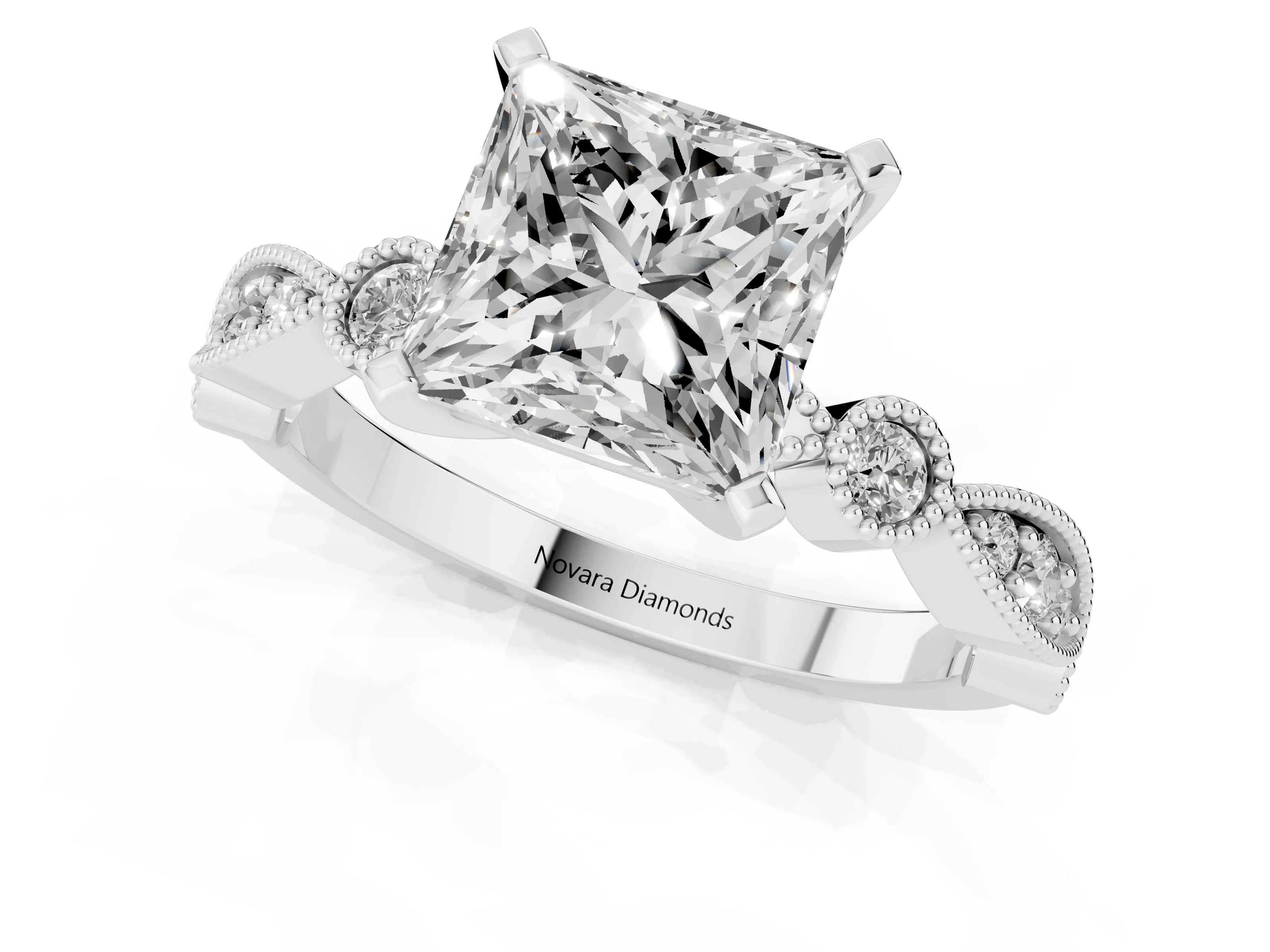 Princess Cut Diamond Solitaire Engagement Ring Set in White gold with Milgrain Bezel Accent Band