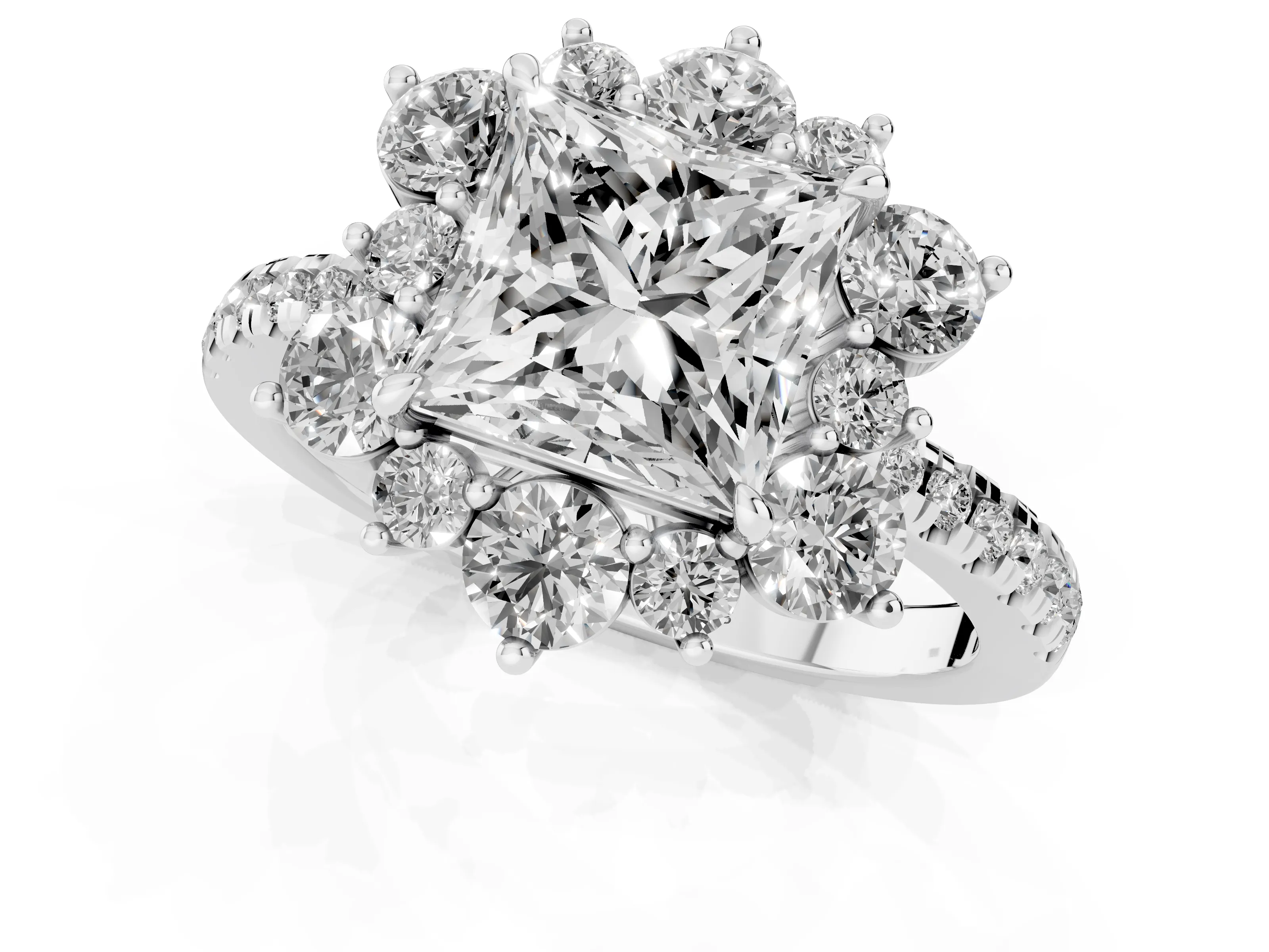 Princess Cut Diamond Floral Halo Ring Set in White gold with Round Pavé Band and Prong Setting