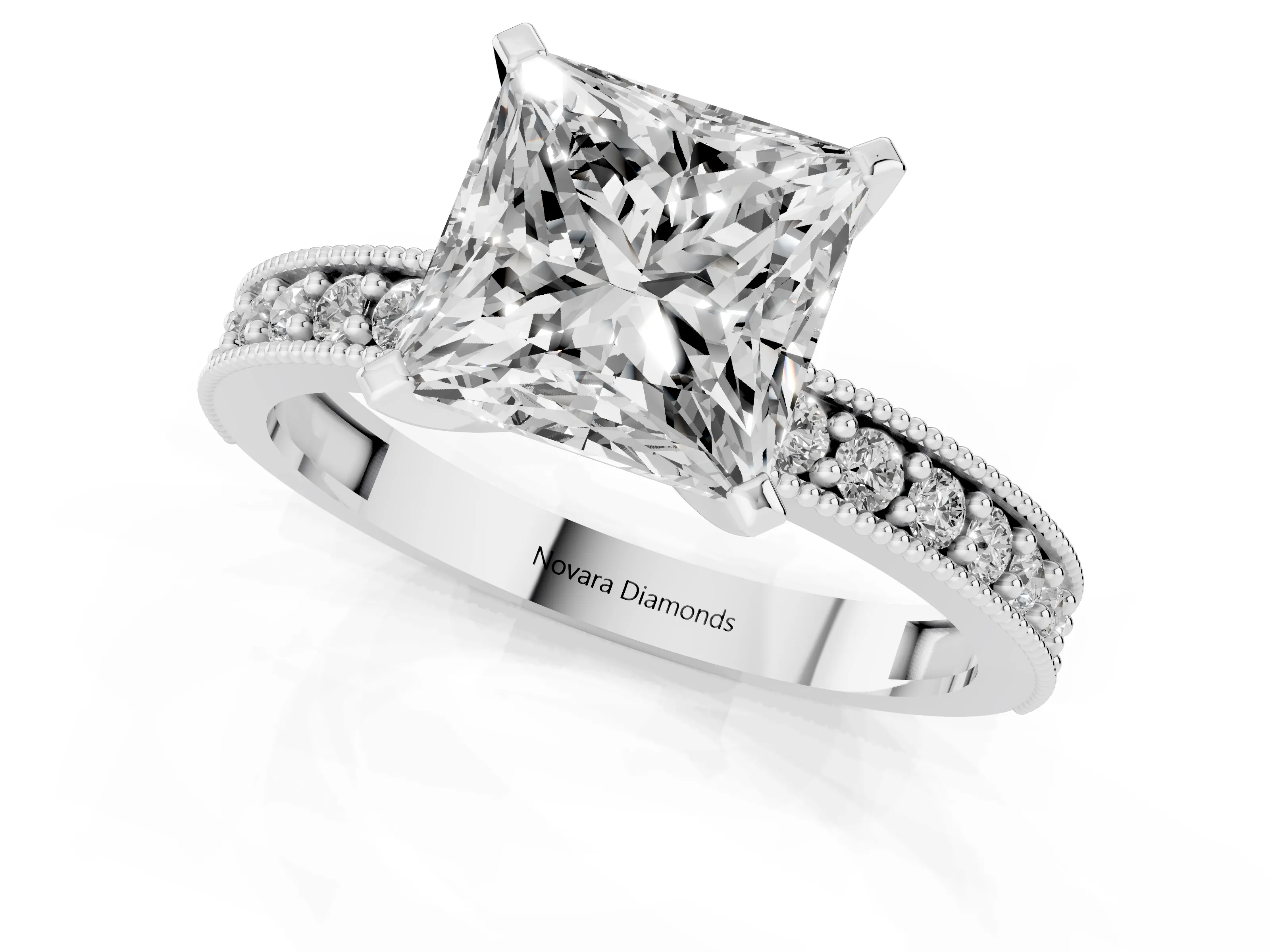 Princess Cut Diamond Milgrain Pavé Engagement Ring Set in Silver with Prong Setting