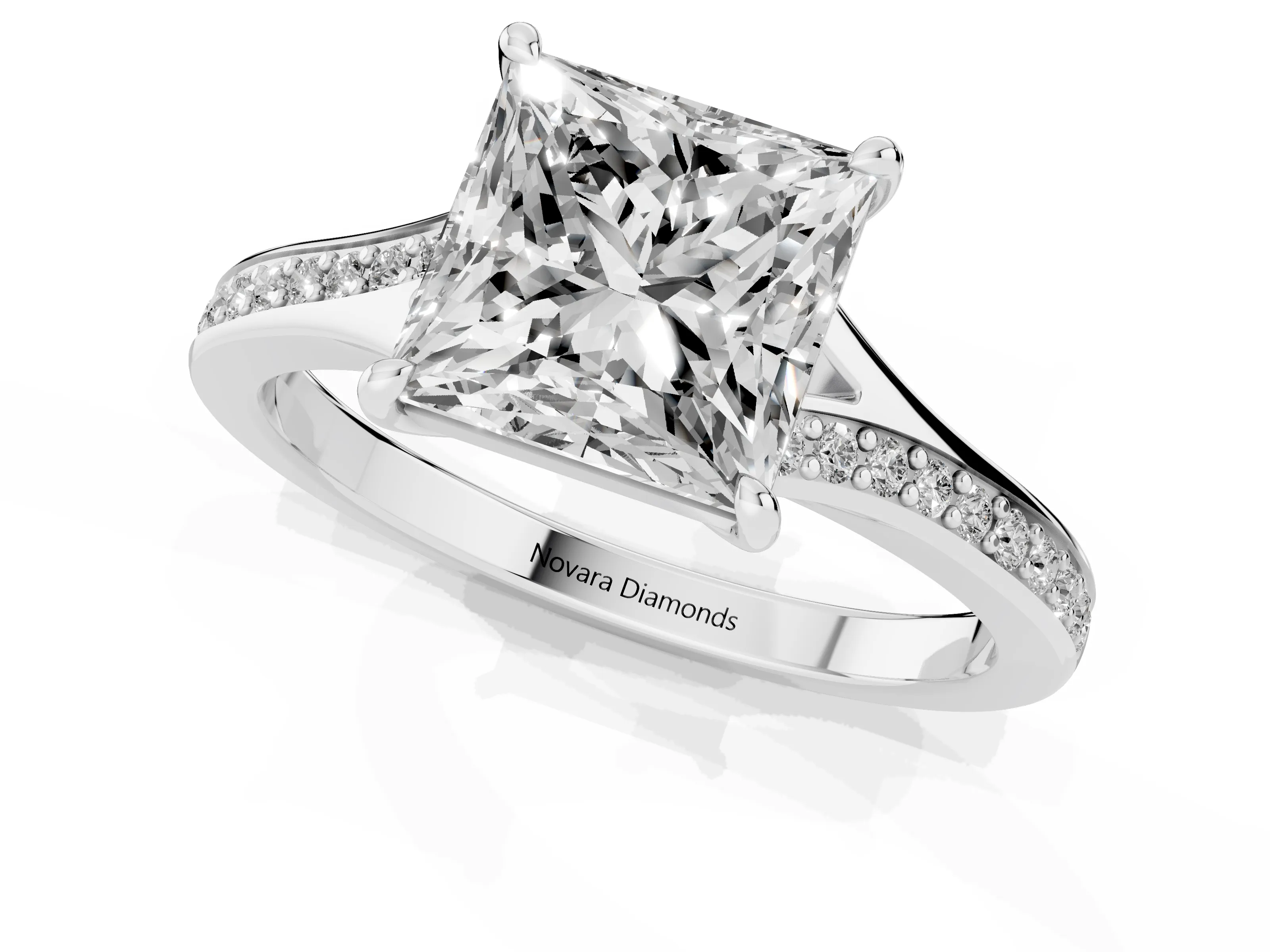 Princess Cut Diamond Solitaire Ring Set in Silver with Pavé Accent Band and Classic Prong Setting