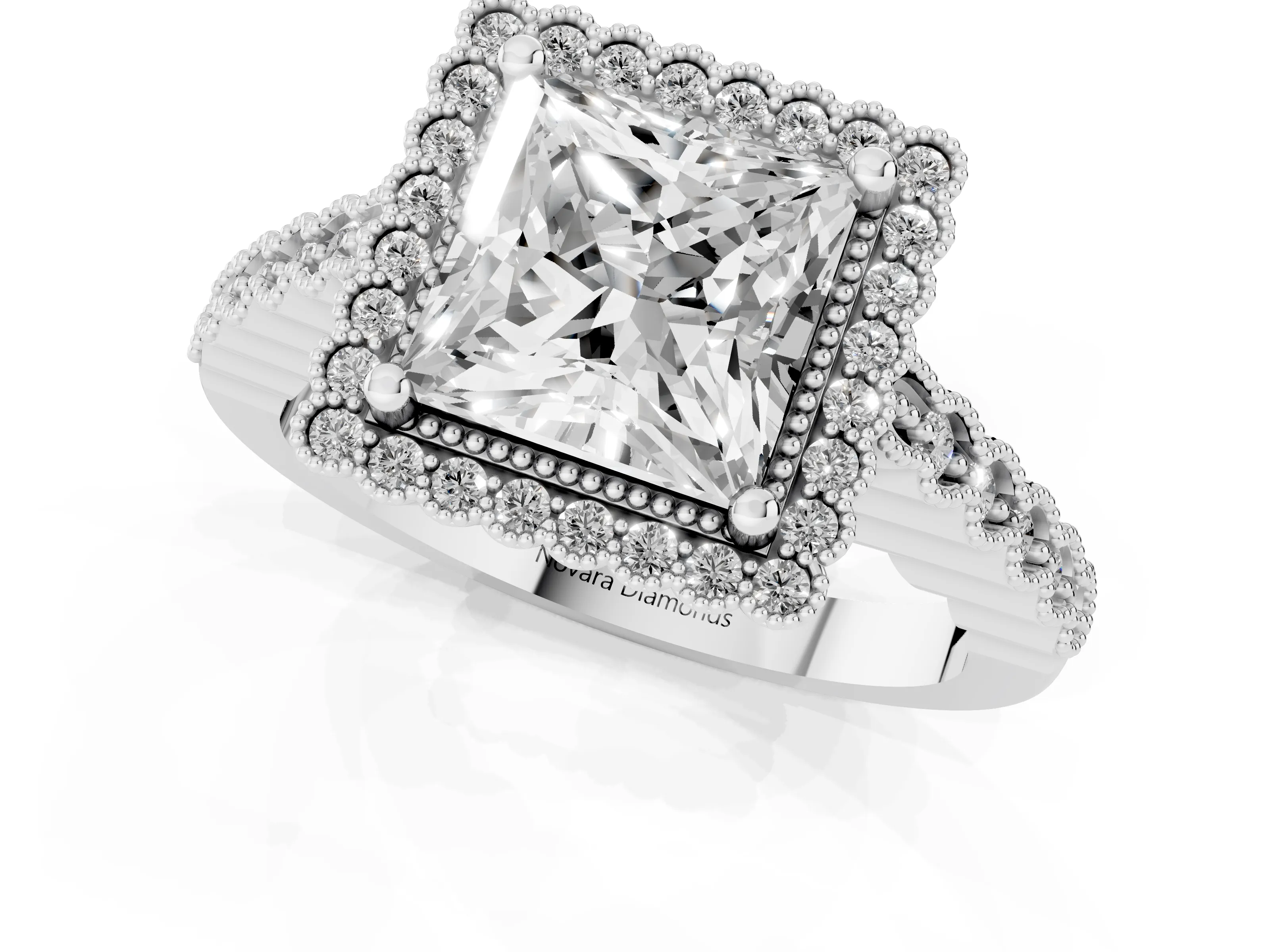 Princess Cut Diamond Halo Ring Set in Platinum with Pavé Milgrain Band