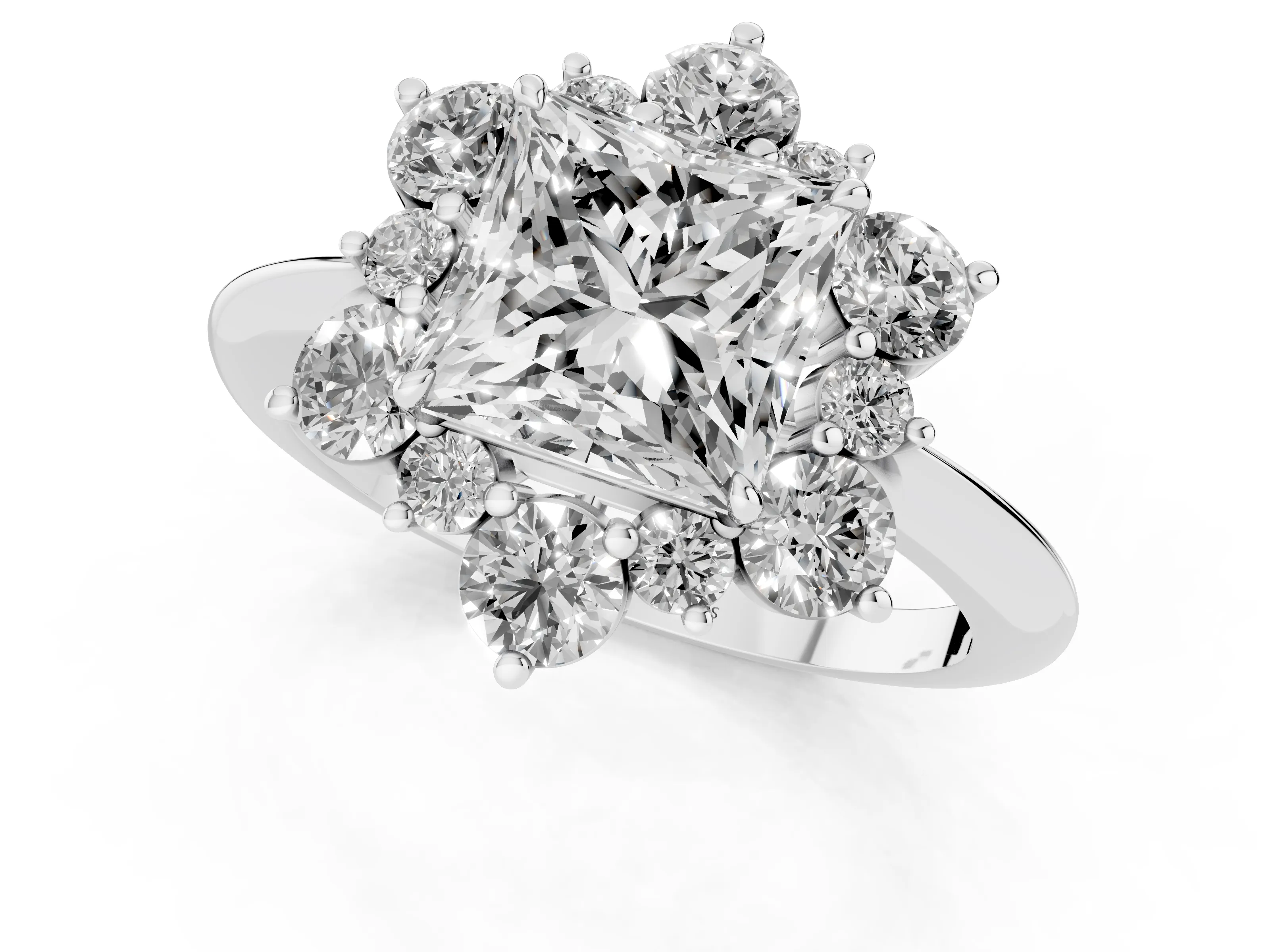 Princess Cut Diamond Cluster Halo Ring Set in Silver with Solitaire Band and Prong Setting