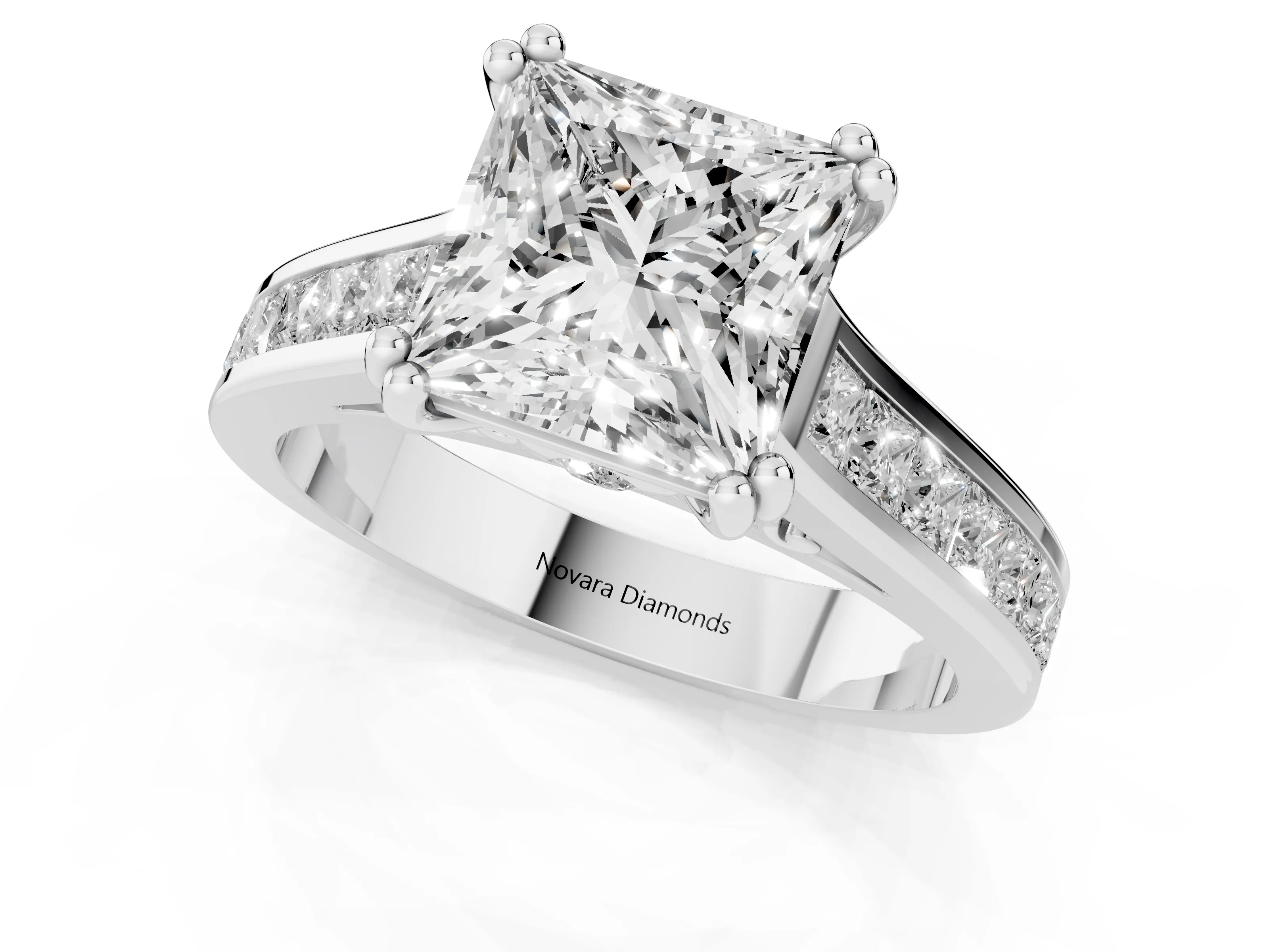 Princess Cut Diamond Channel Set Solitaire Engagement Ring Set in Silver with Prong Setting