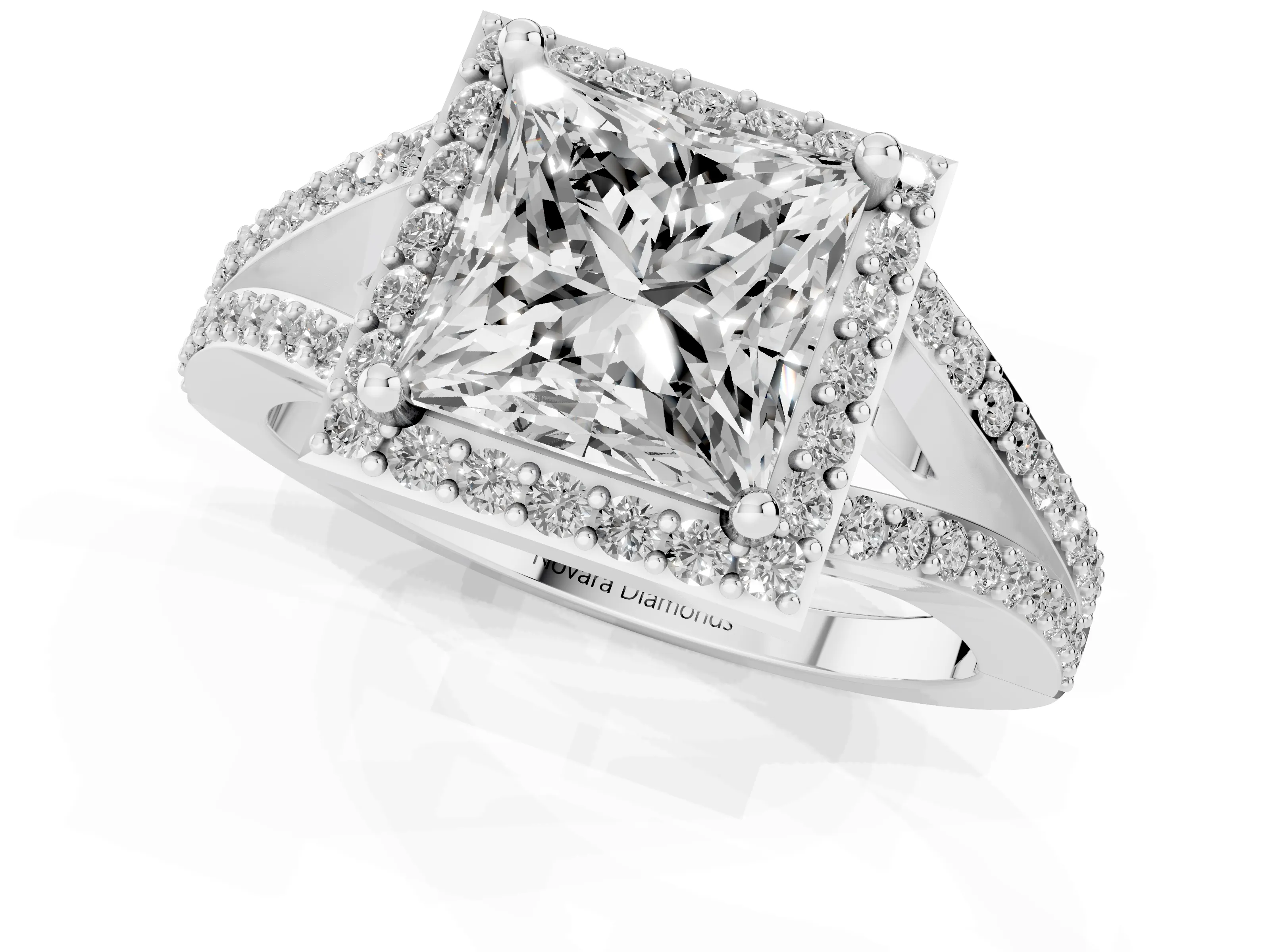 Princess Cut Diamond Halo Split Shank Pavé Ring Set in Platinum with Prong Setting