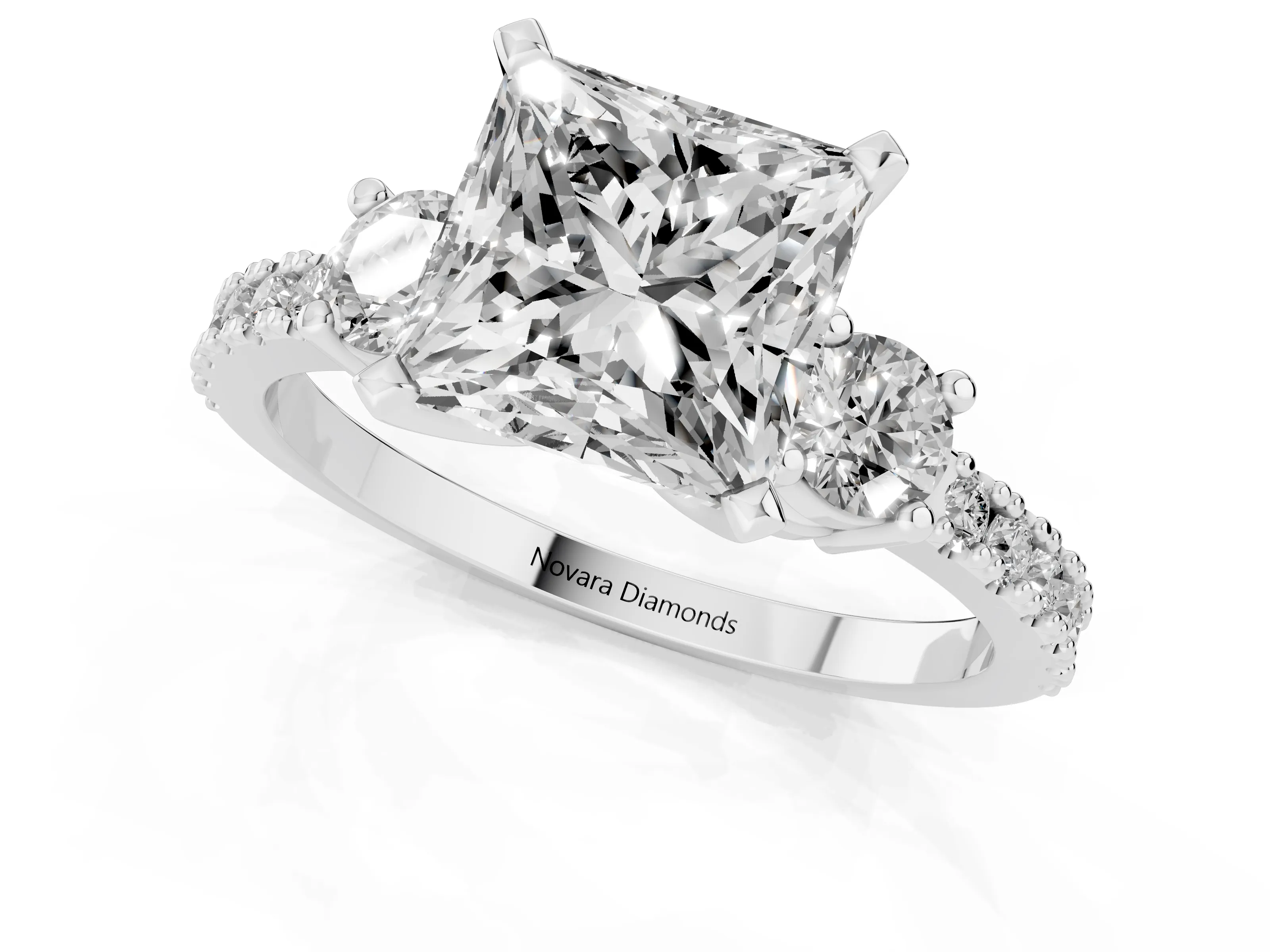 Three-Stone Princess Cut Diamond Pavé Band Ring Set in Silver with Prong Setting