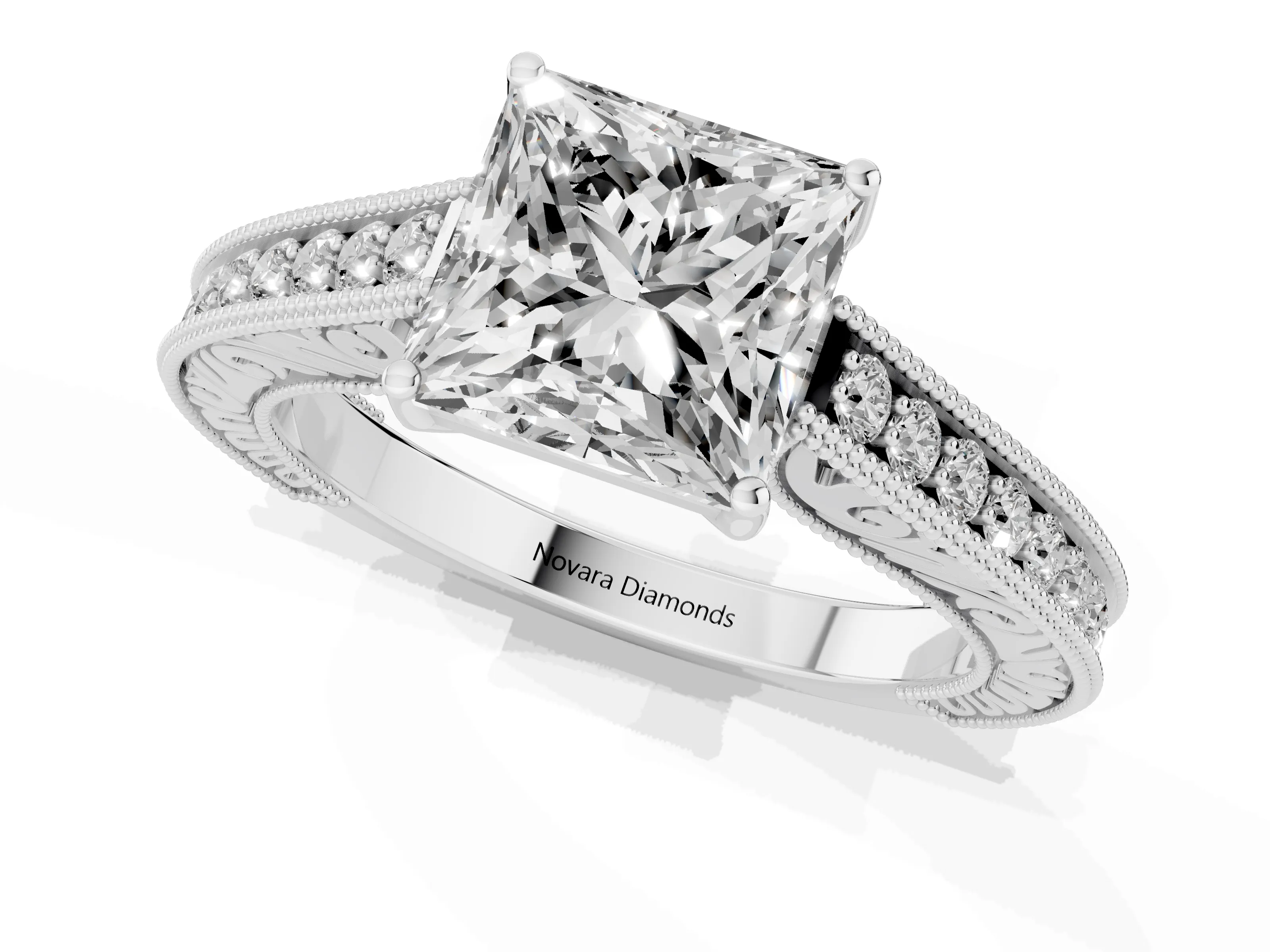 Princess Cut Diamond Milgrain Pavé Band Solitaire Ring Set in White gold with Prong Setting