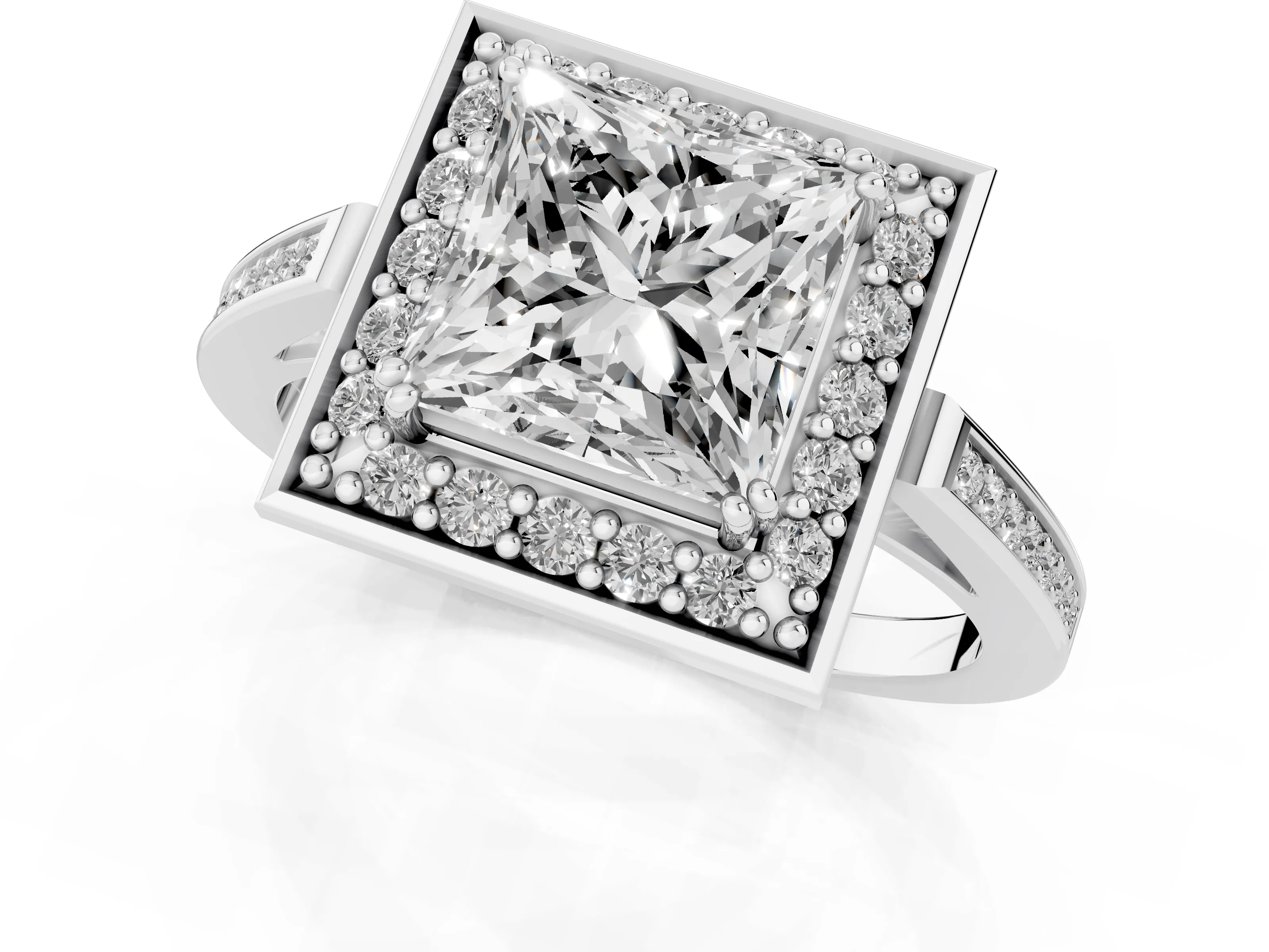 Princess Cut Diamond Halo Ring Set in White gold with Accent-Lined Split Shank and Prong Setting
