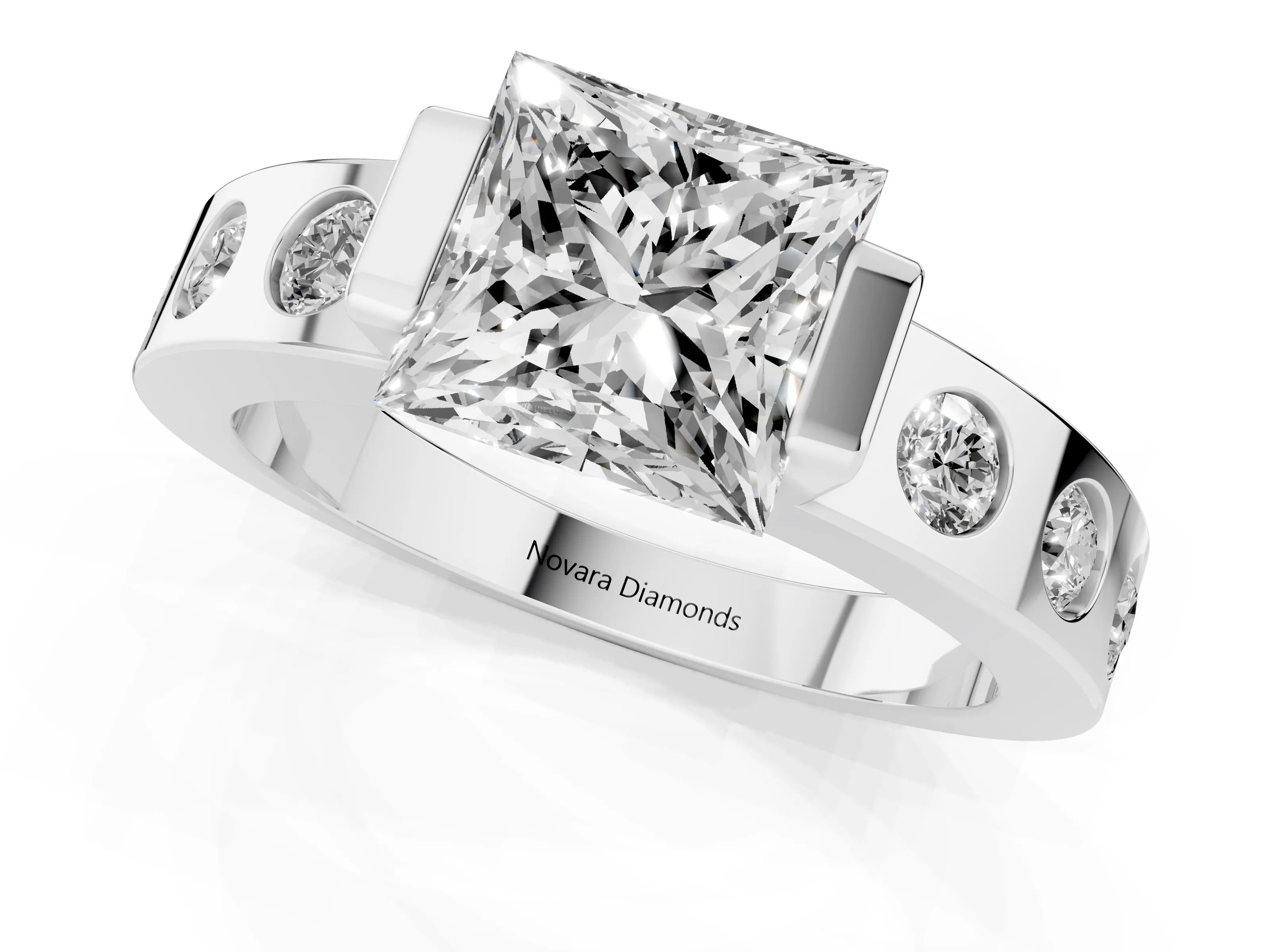 Princess Cut Diamond Channel-Set Band Ring Set in Silver with Bezel Prong Setting
