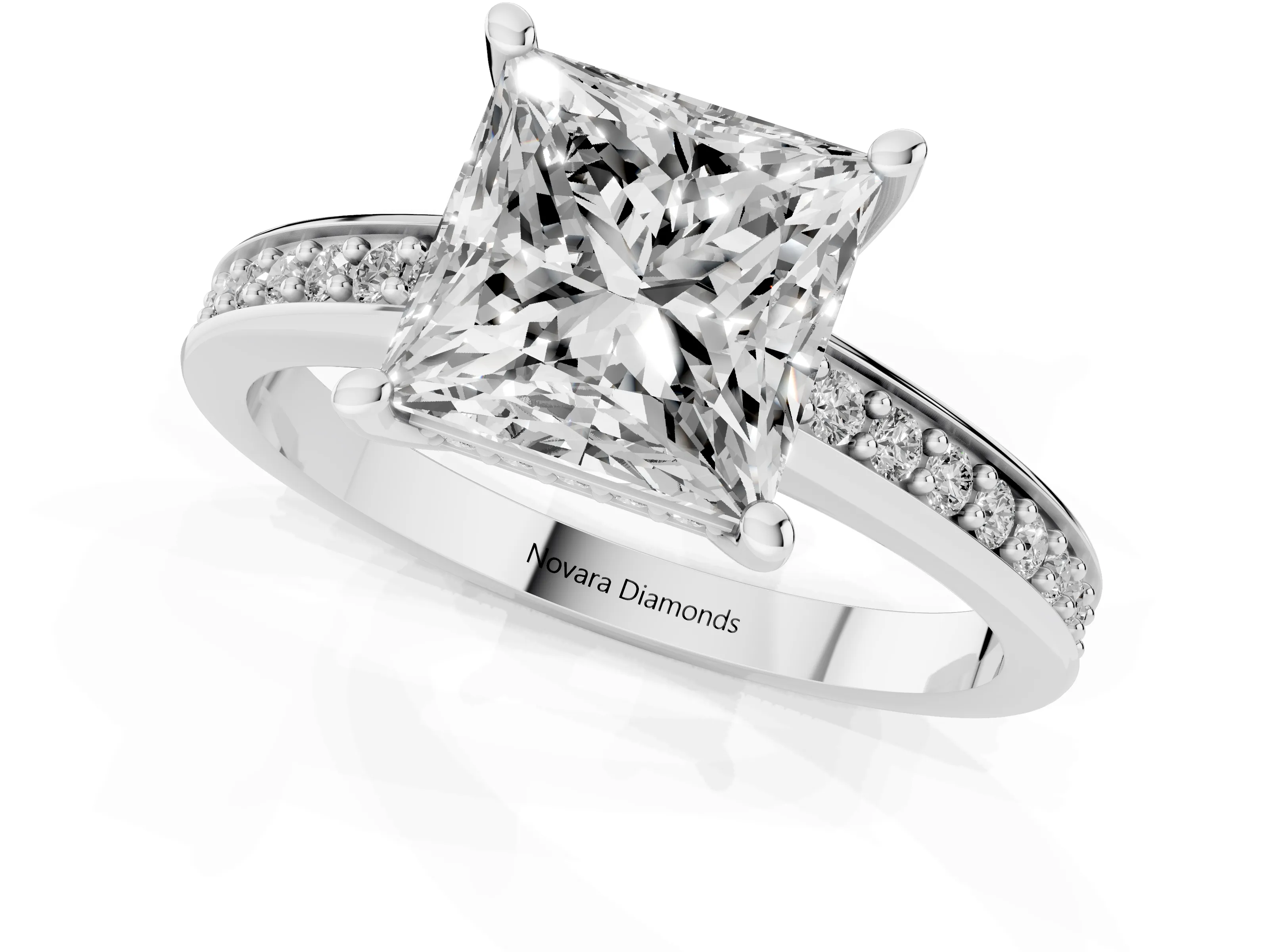 Princess Cut Diamond Pavé Band Prong Set Solitaire Ring Set in Silver