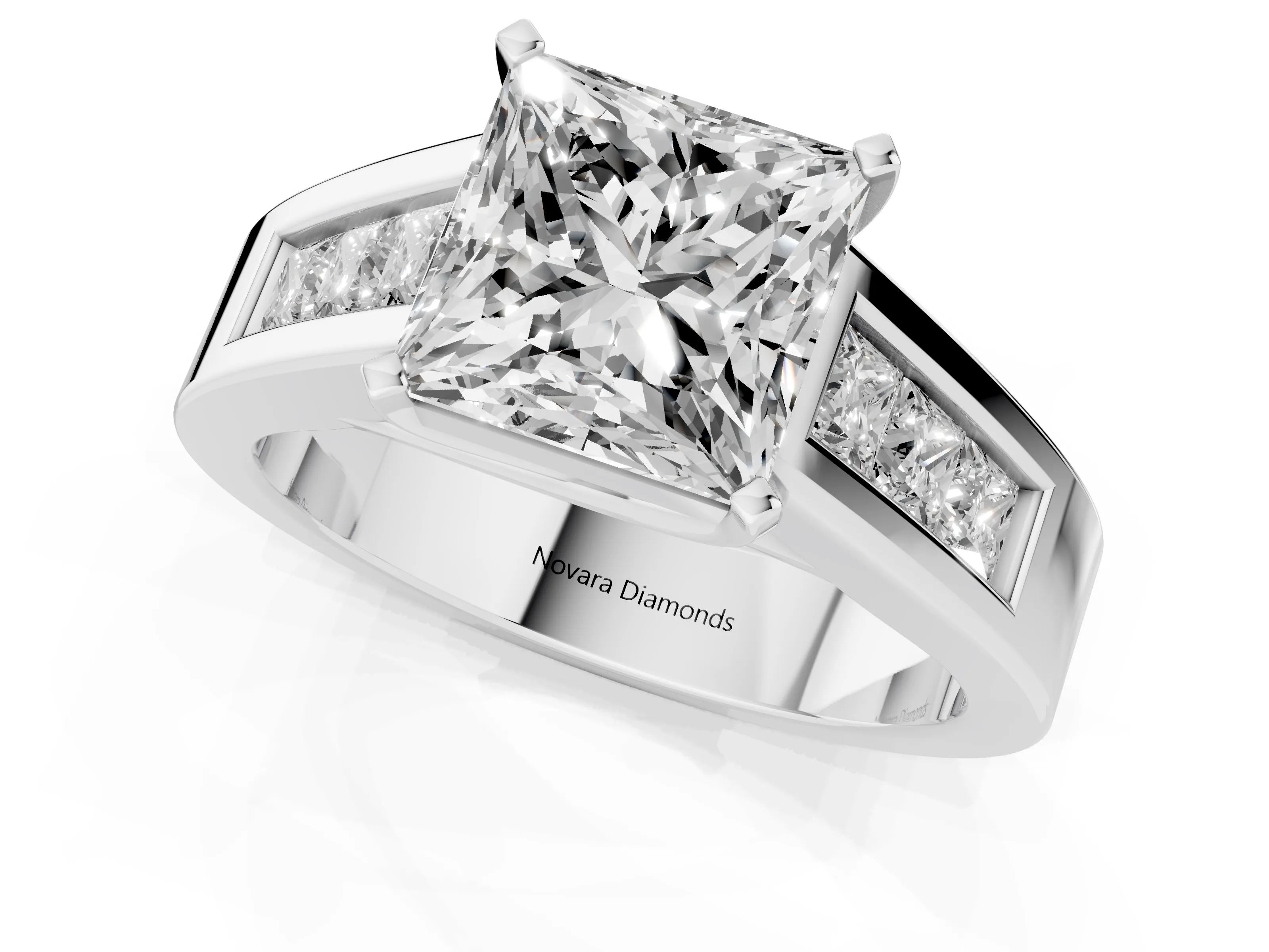 Princess Cut Diamond Solitaire Ring Set in Silver with Channel-Set Accent Stones and Prong Setting