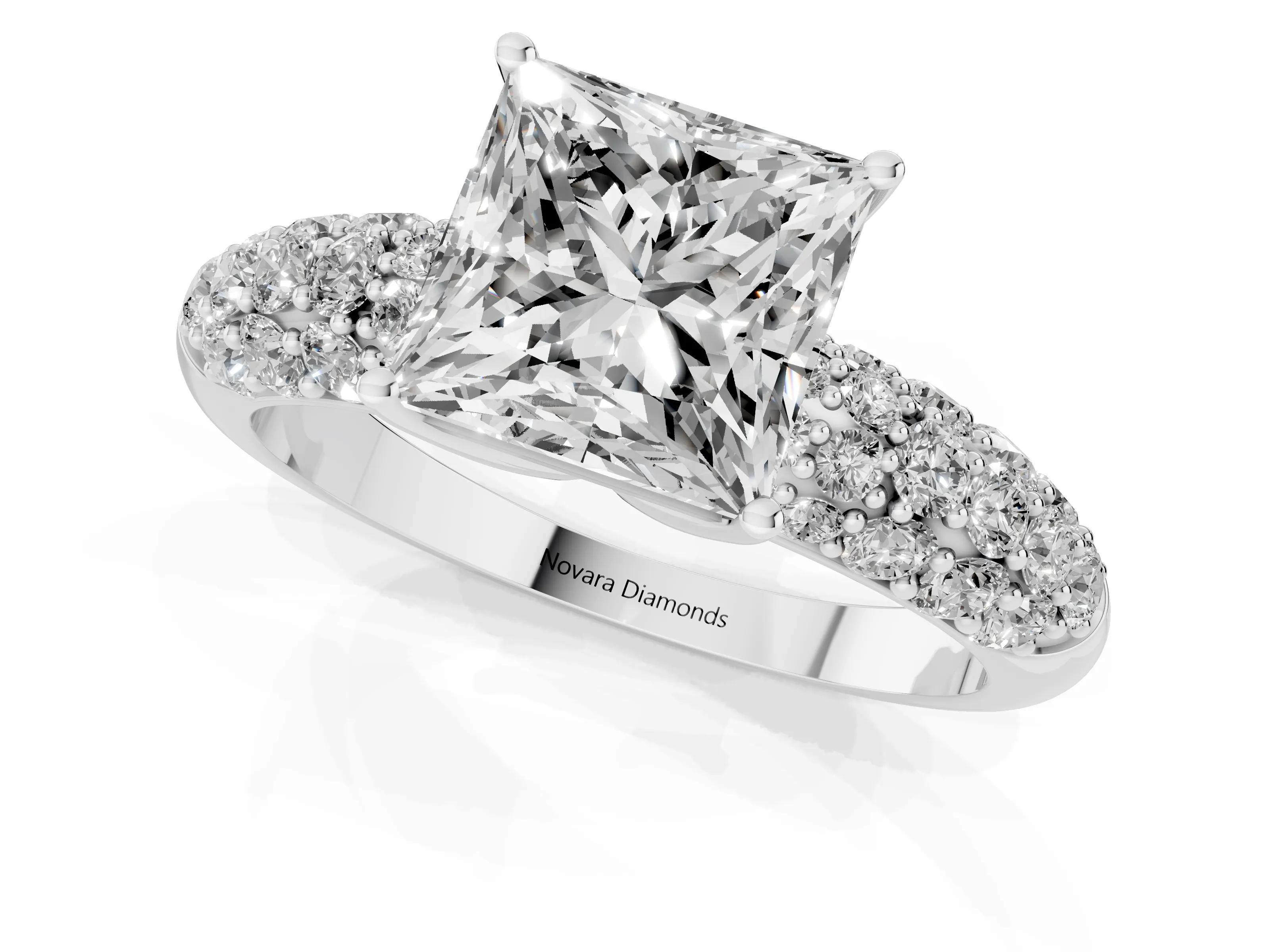 Princess Cut Diamond Pavé Band Solitaire Ring Set in White gold with Close-Set Accent Stones and Prong Setting