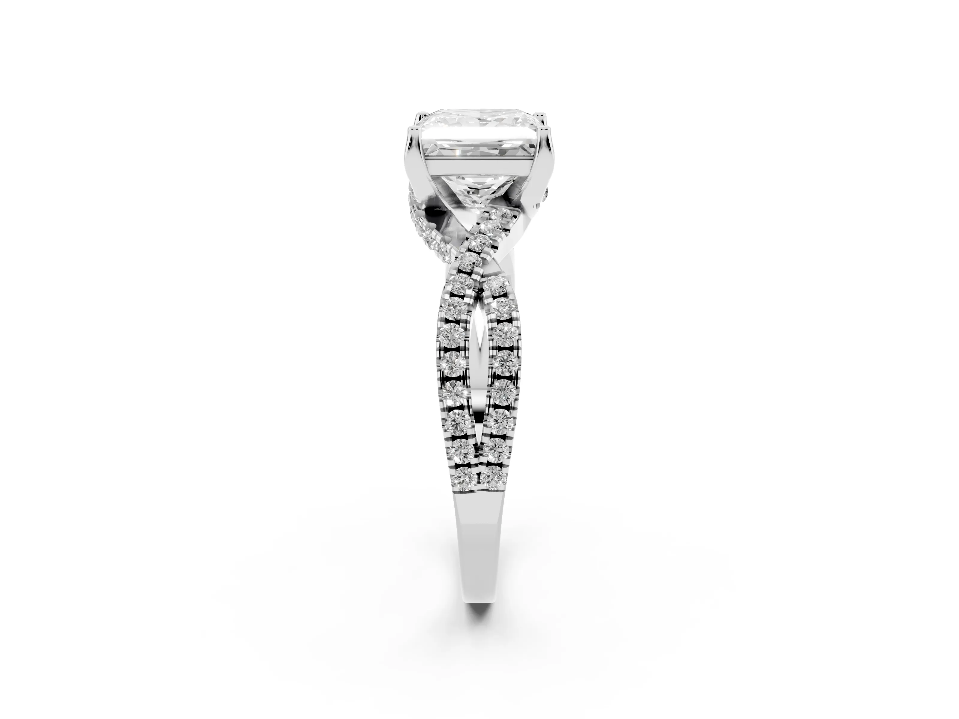 Princess Cut Diamond Twist Pavé Solitaire Engagement Ring Set in Silver with Prong Setting