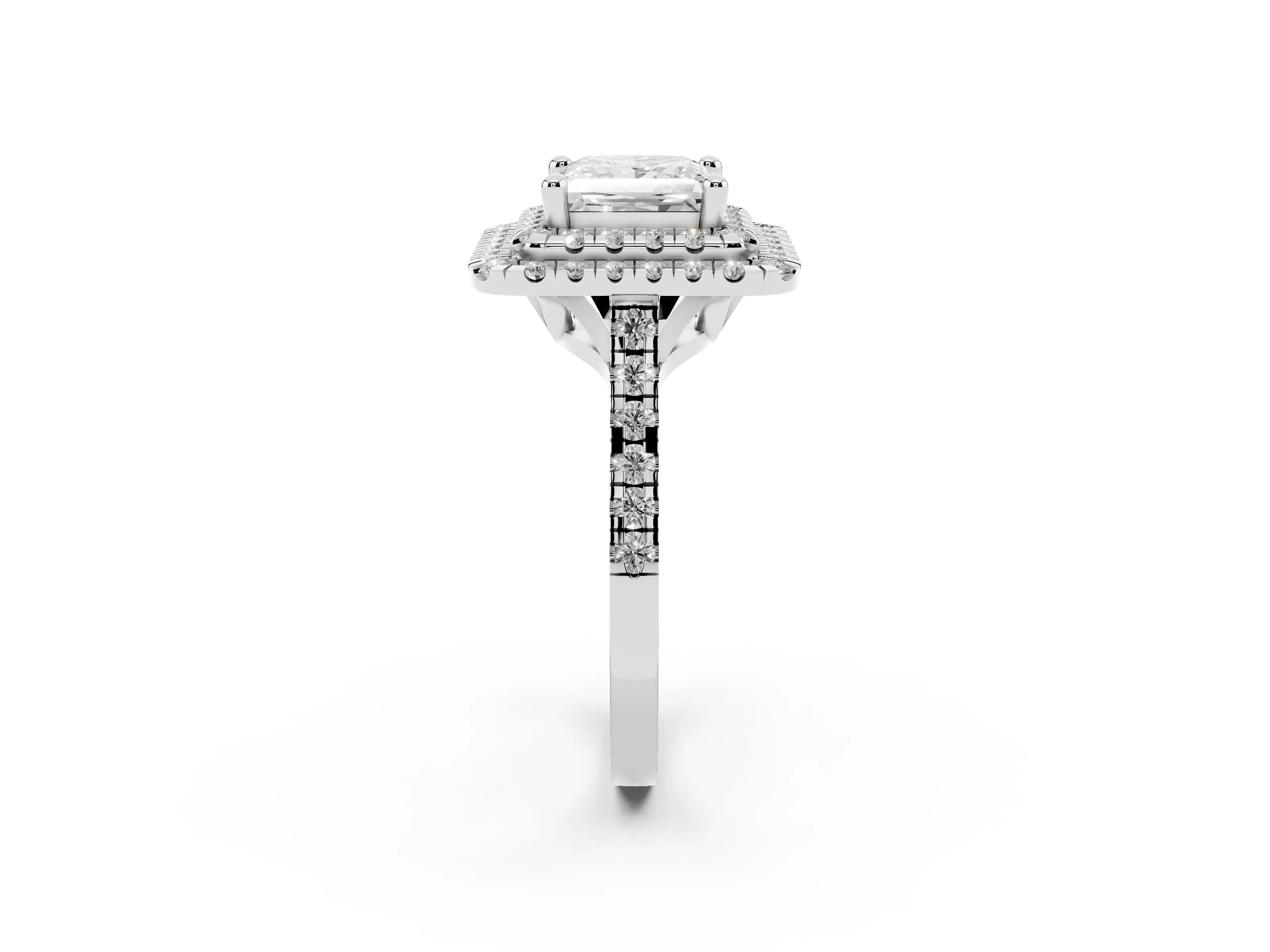Princess Cut Diamond Double Halo Statement Ring Set in White gold with Pavé Band