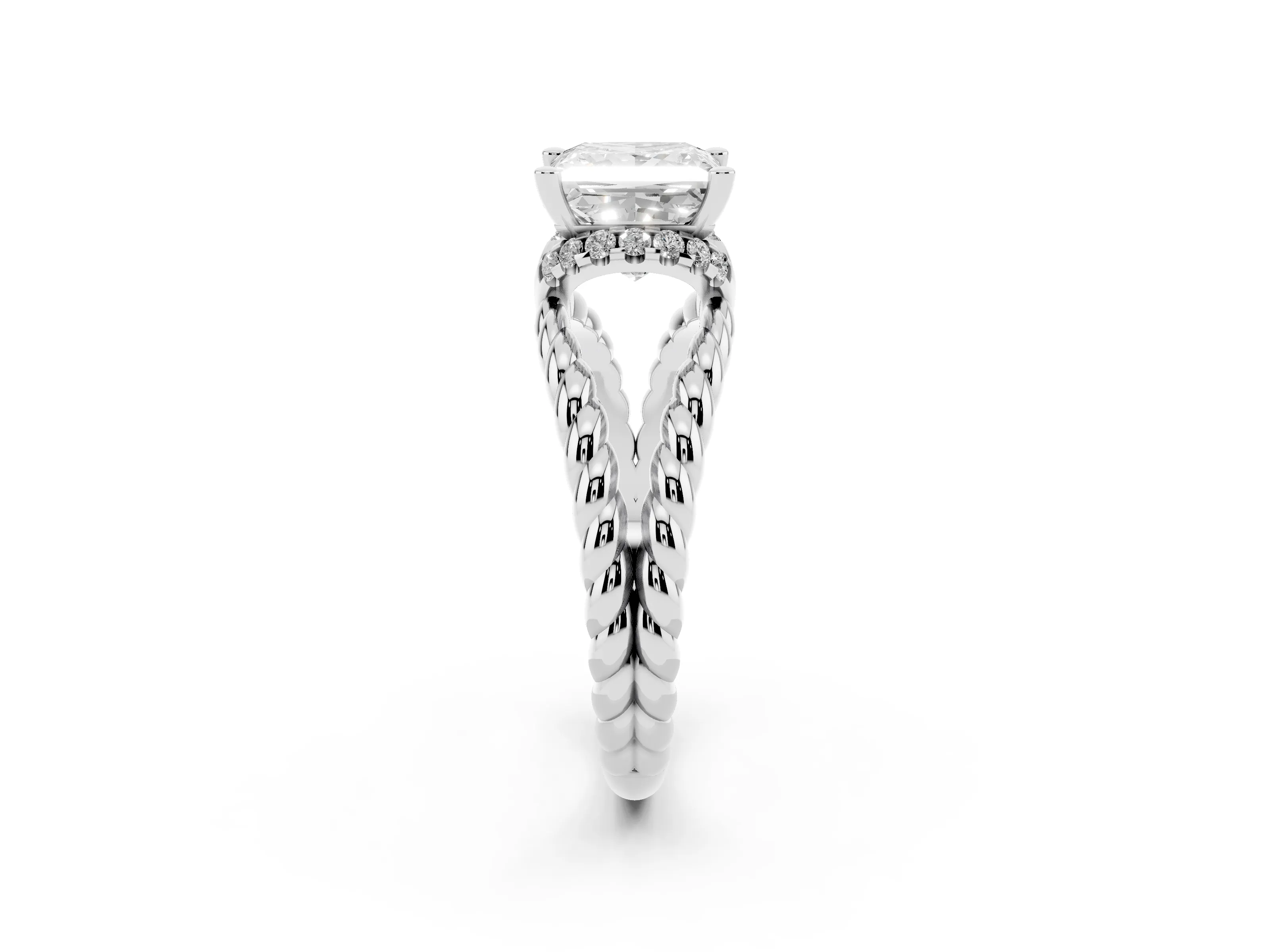 Princess Cut Diamond Halo Ring Set in White gold with Twisted Band and Prong Setting