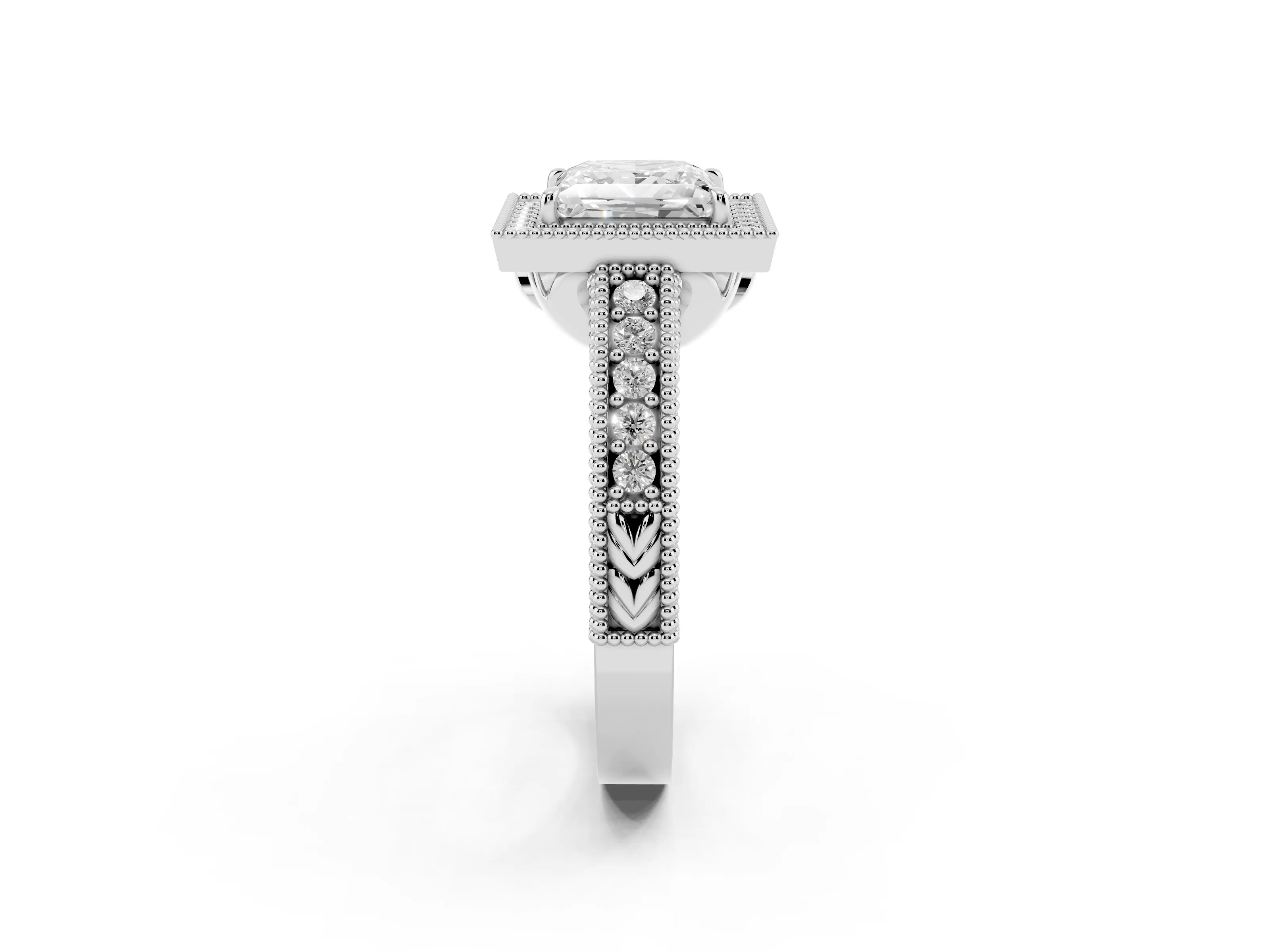 Princess Cut Diamond Halo Ring Set in White gold with Round Accent Halo, Pavé Band and Prong Setting