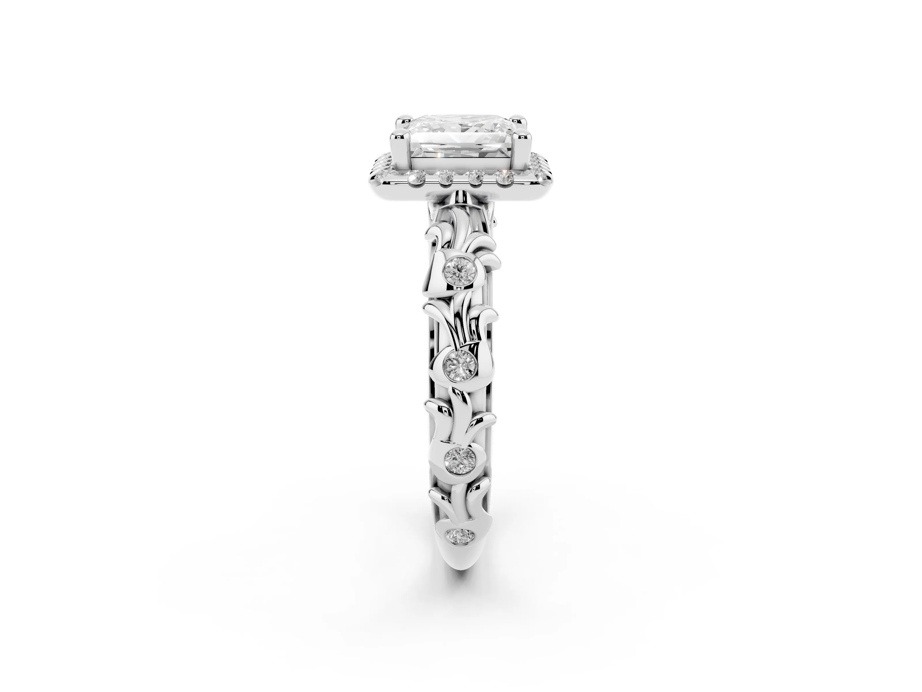 Princess Cut Diamond Halo Ring Set in Silver with Filigree Leaf Band and Prong Setting