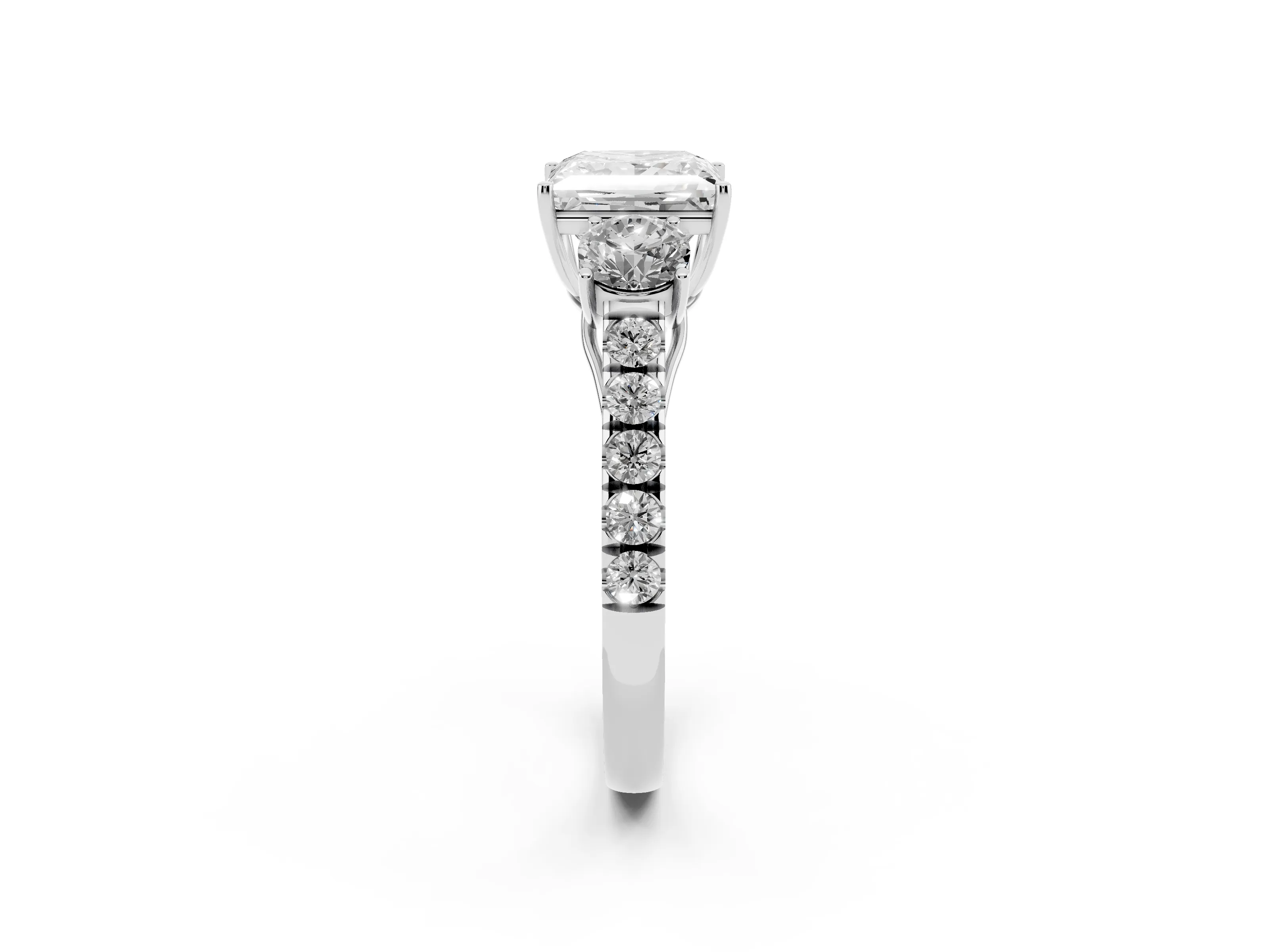 Princess Cut Diamond Three-Stone Ring Set in Platinum with Round Side Stones and Delicate Pavé Band