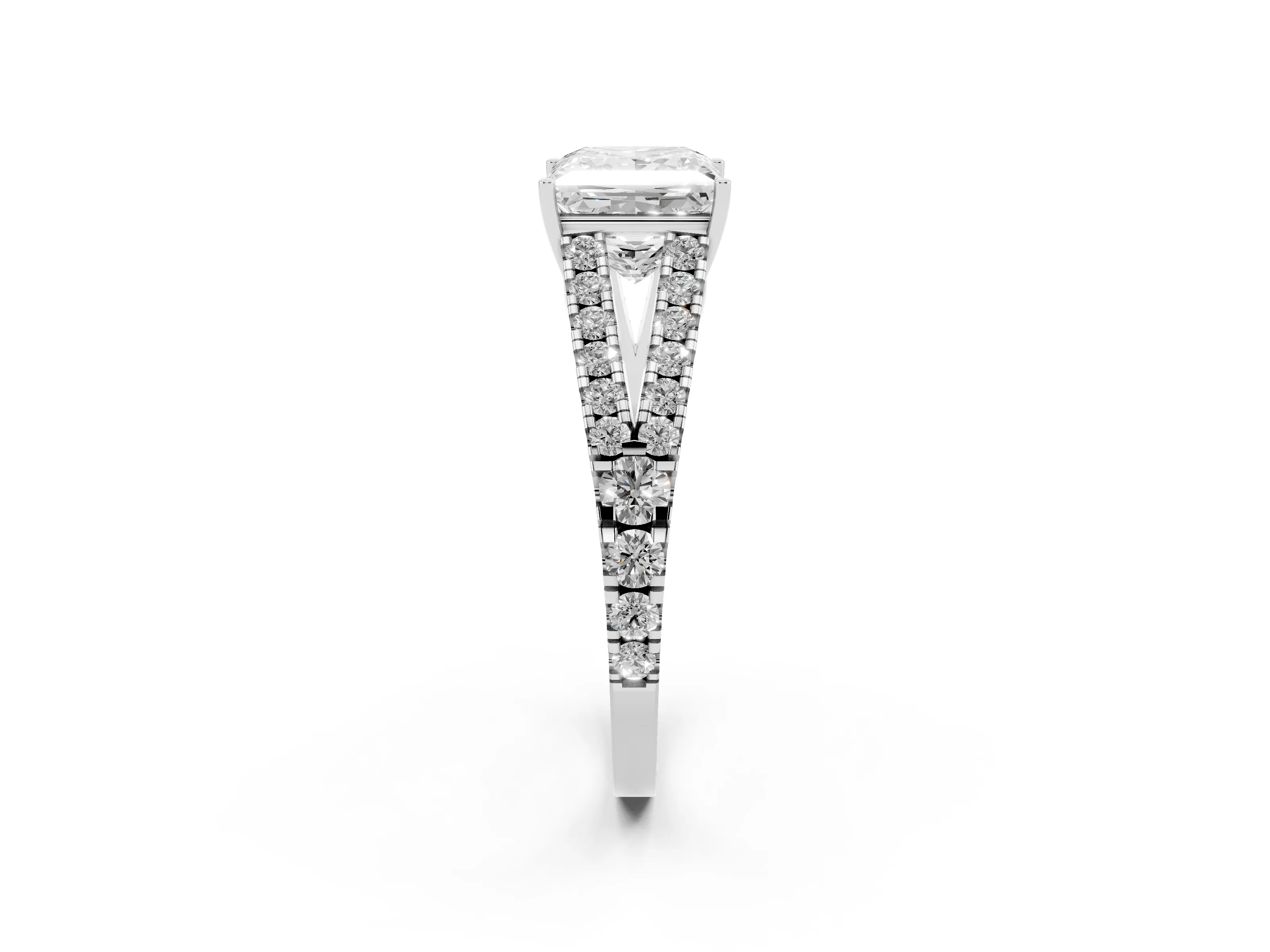 Princess Cut Diamond Split Shank Pavé Engagement Ring Set in Platinum with Prong-Held Center Stone