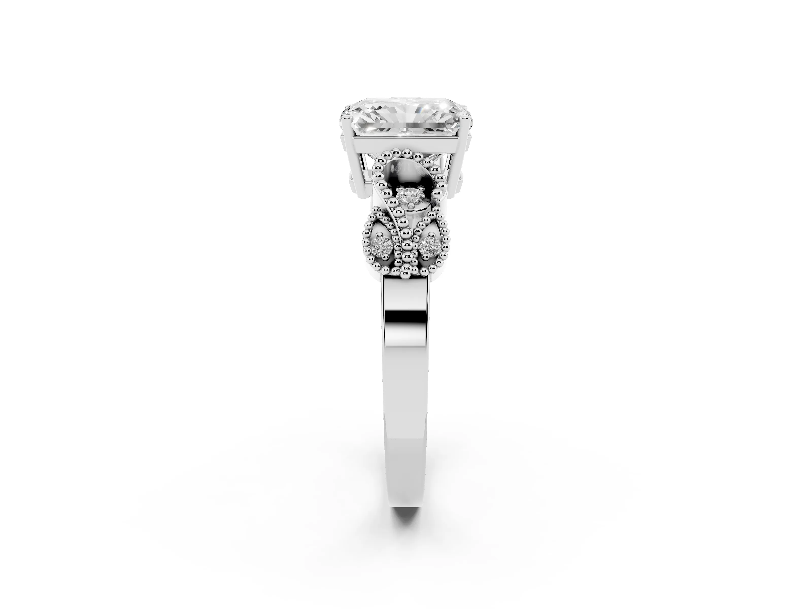 Princess Cut Diamond Milgrain Leaf Band Solitaire Ring Set in White gold with Accent Stones and Prong Setting