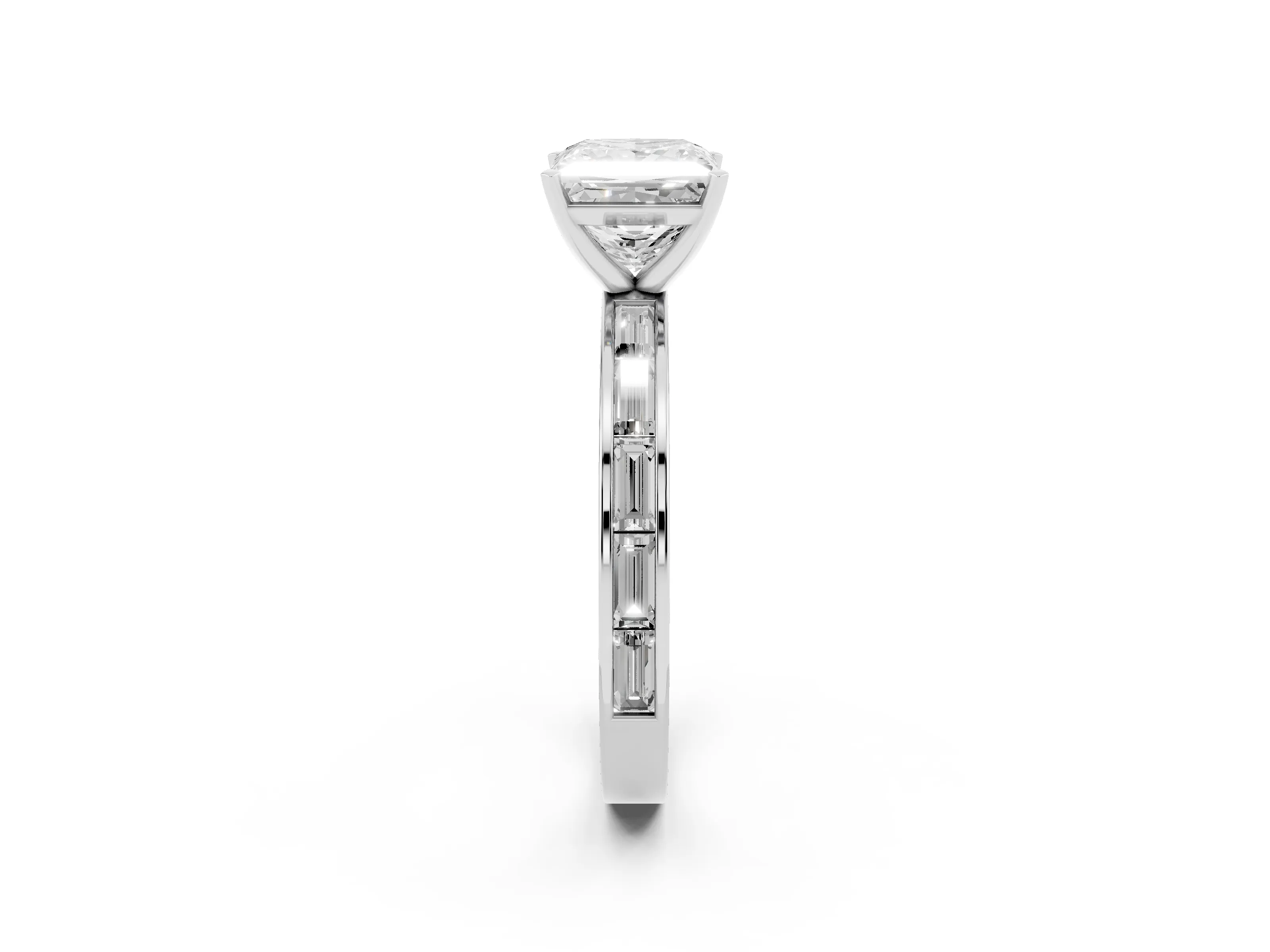 Princess Cut Diamond Solitaire Ring Set in White gold with Channel-Set Baguette Band and Prong Setting