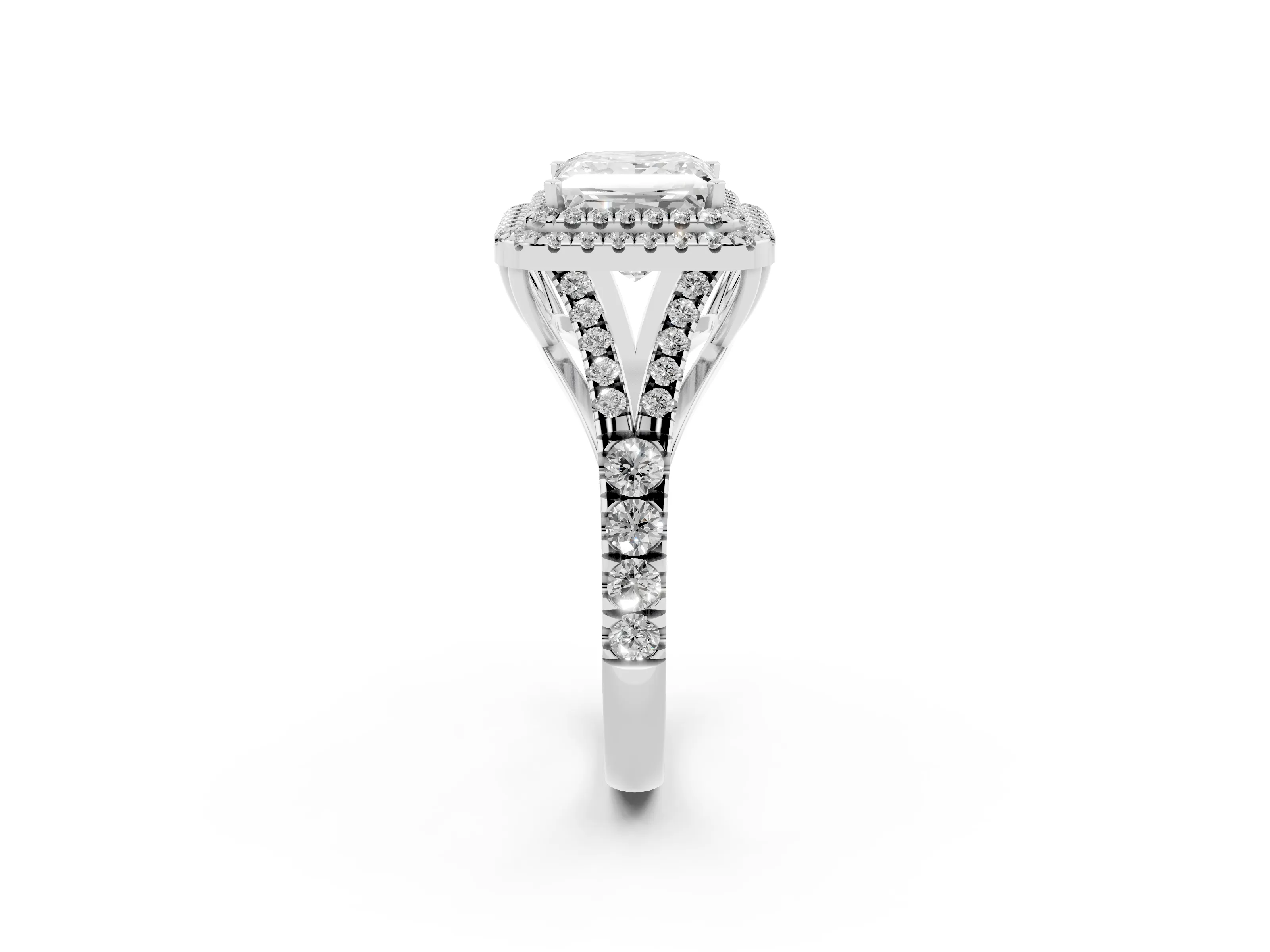 Princess Cut Diamond Pavé Split Shank Double Halo Engagement Ring Set in Silver