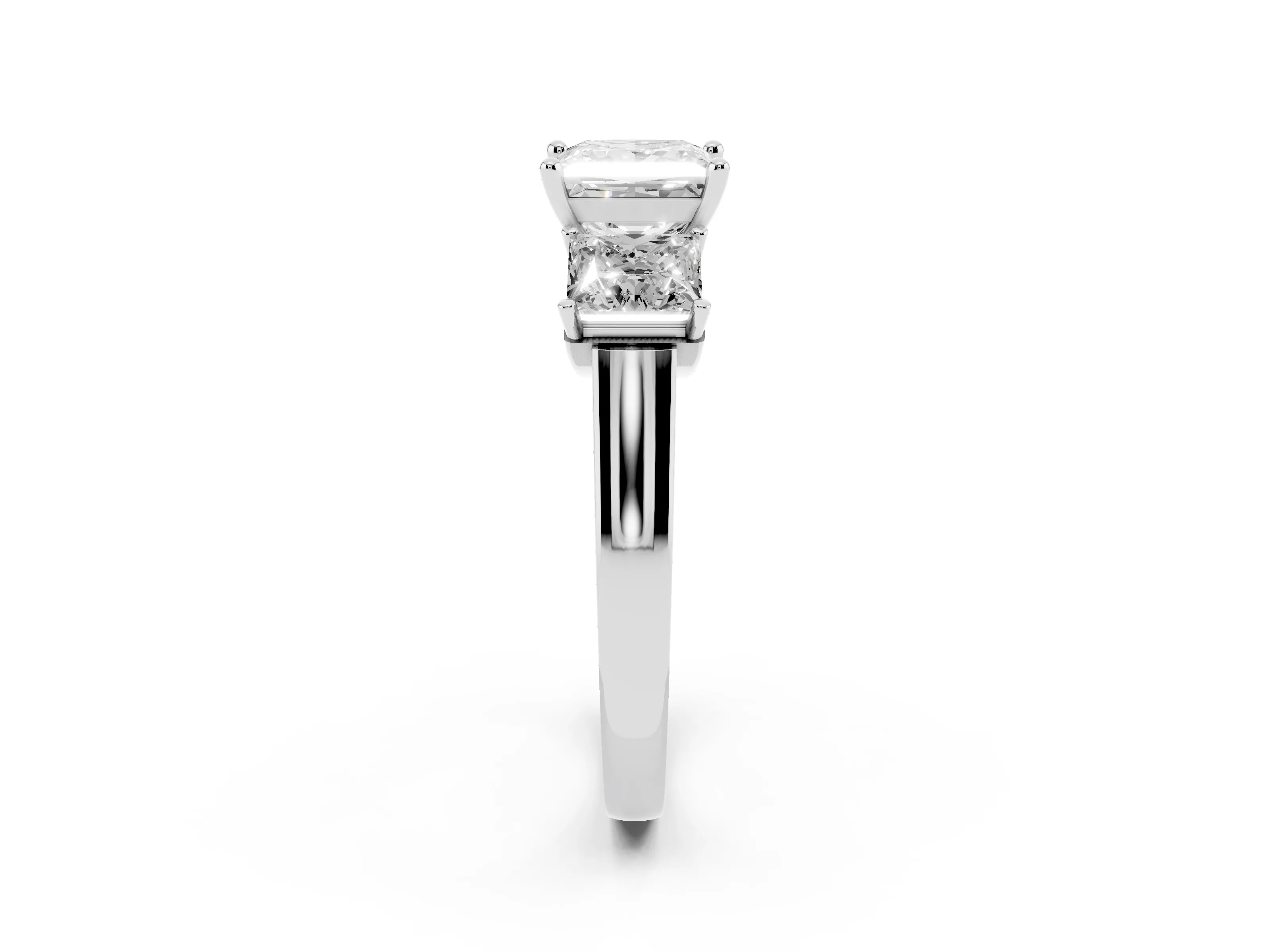 Princess Cut Diamond Three-Stone Trellis Ring Set in White gold with Comfort Fit Band