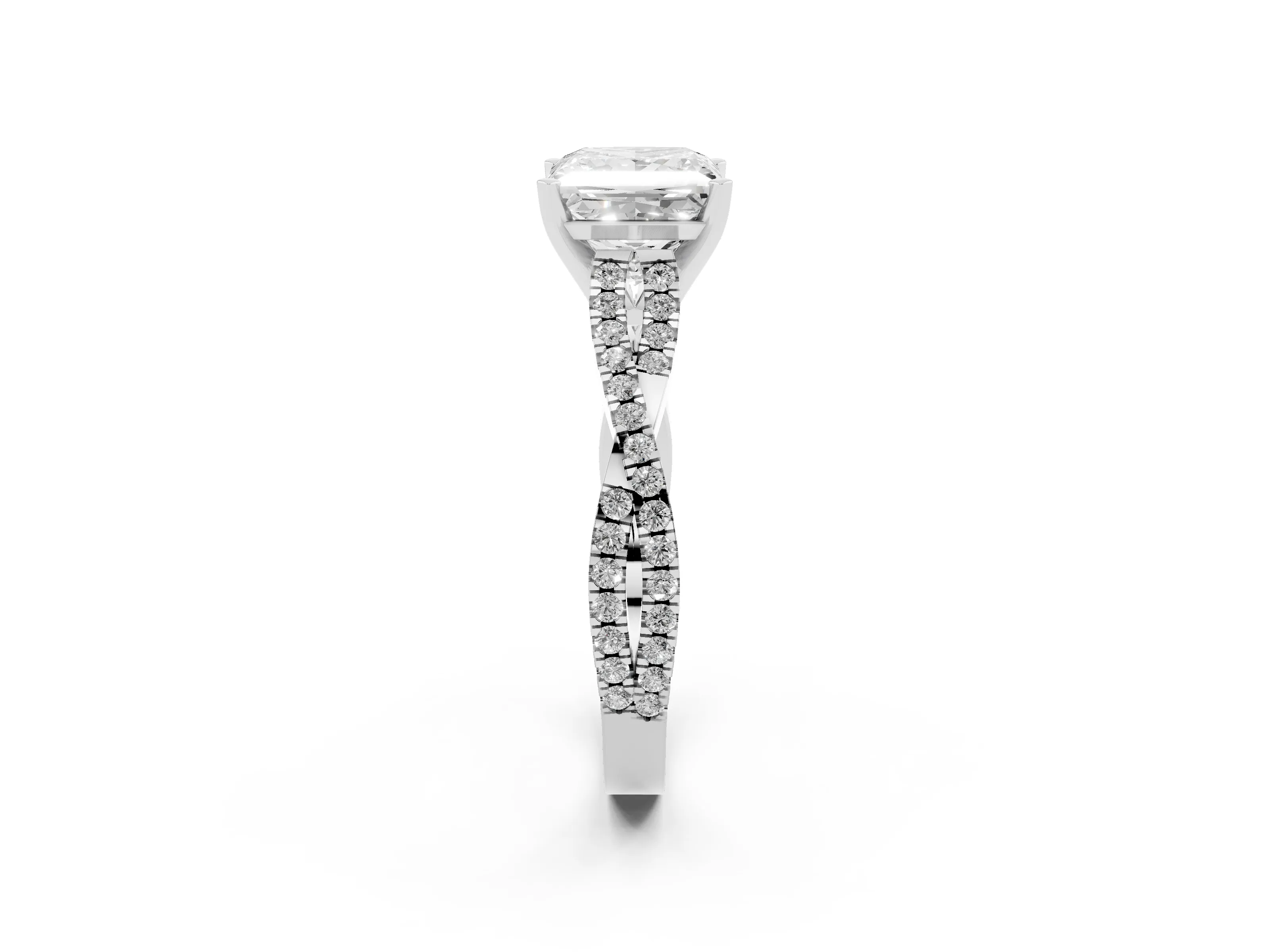 Princess Cut Diamond Solitaire Engagement Ring Set in White gold with Twisted Pavé Band and Prong Setting