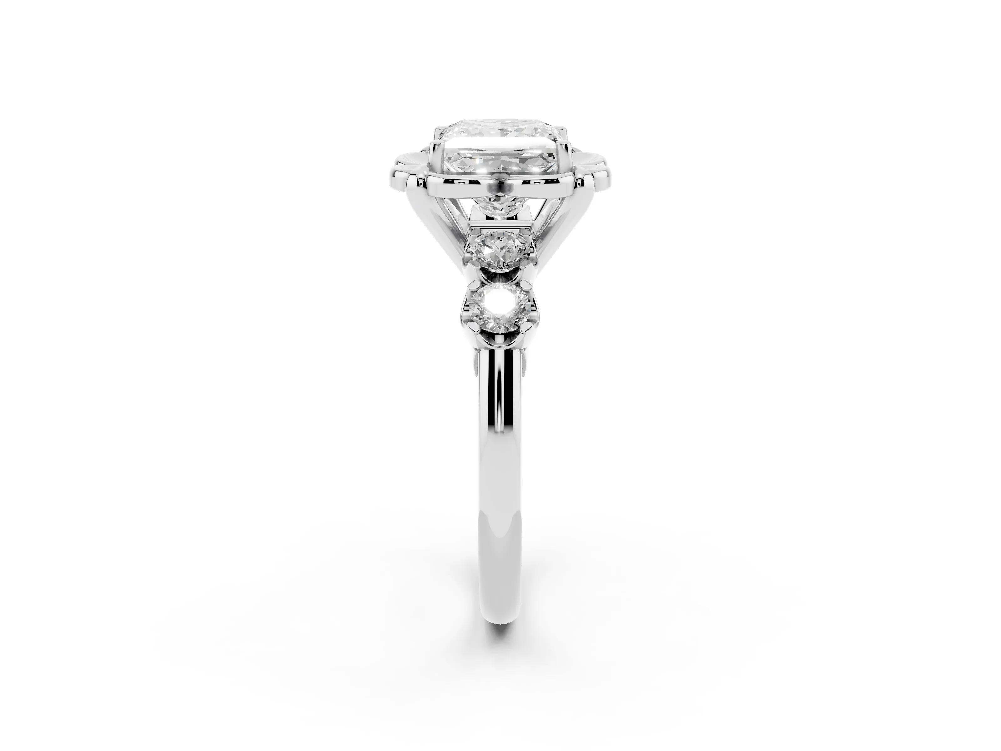 Princess Cut Diamond Floral Halo Ring Set in Silver with Shared Prong Band