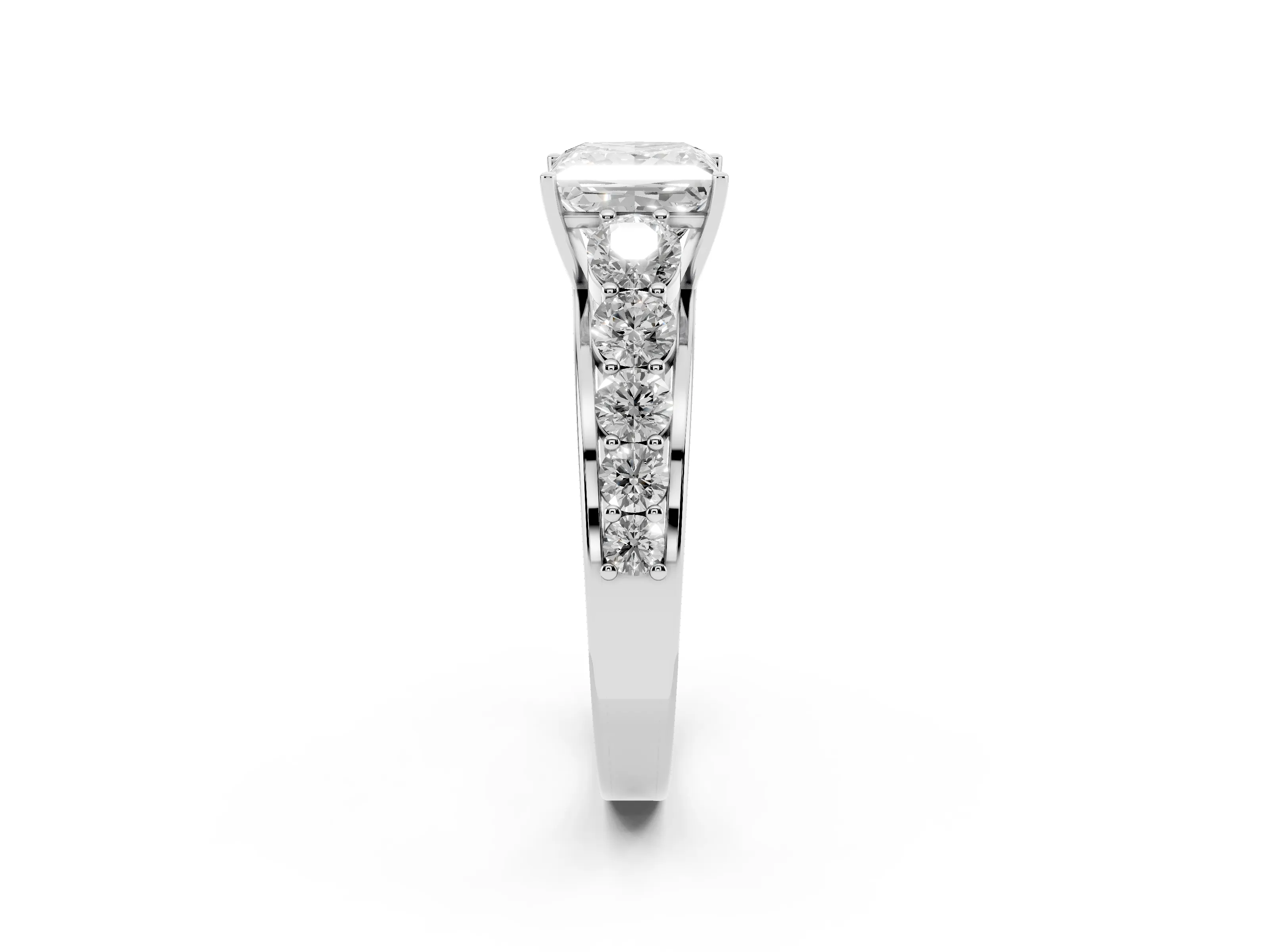 Princess Cut Diamond Solitaire Ring Set in White gold with Pavé-Set Band and Prong Setting