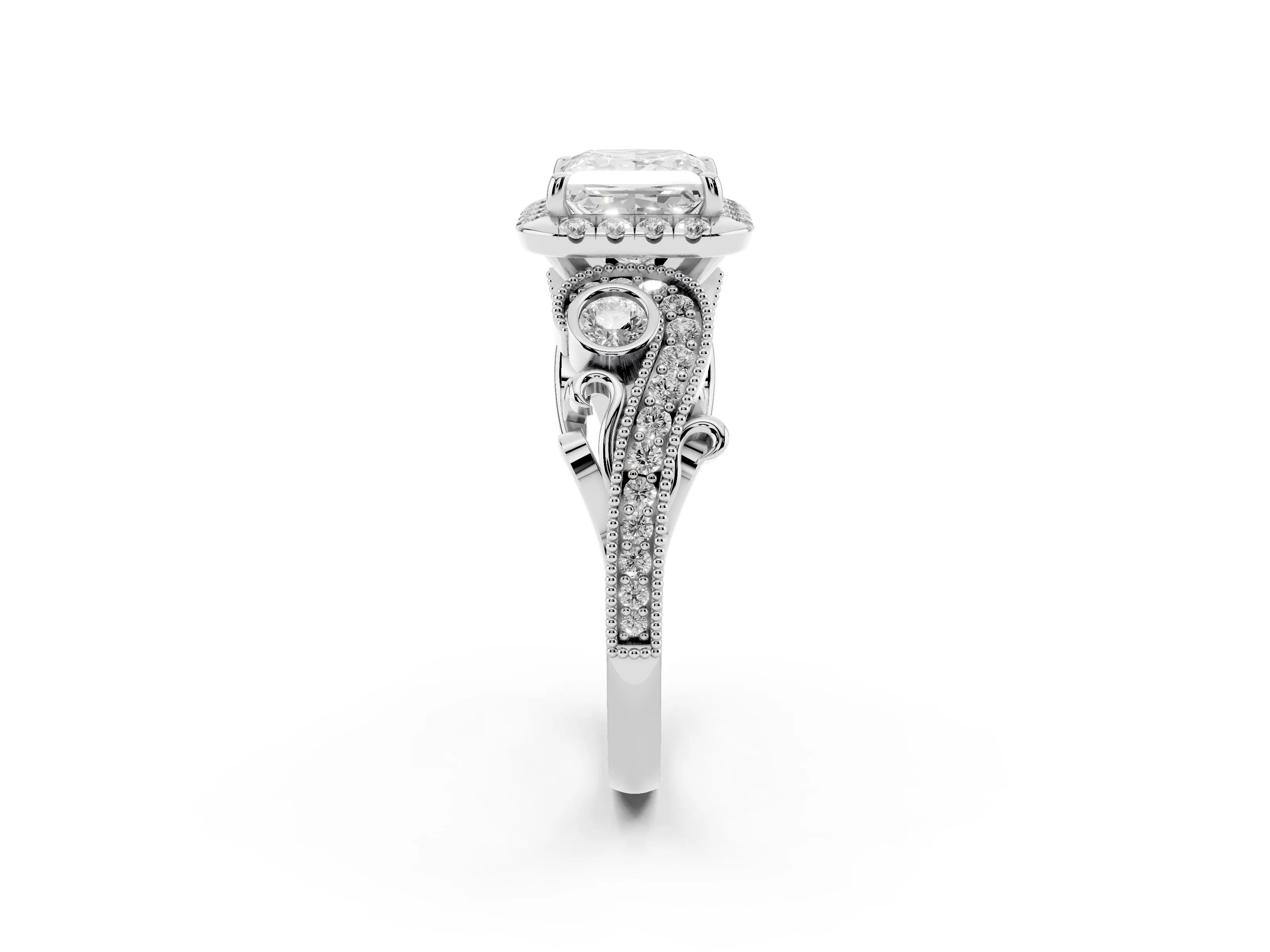 Princess Cut Diamond Halo Ring Set in White gold with Milgrain Pavé Band and Prong Setting
