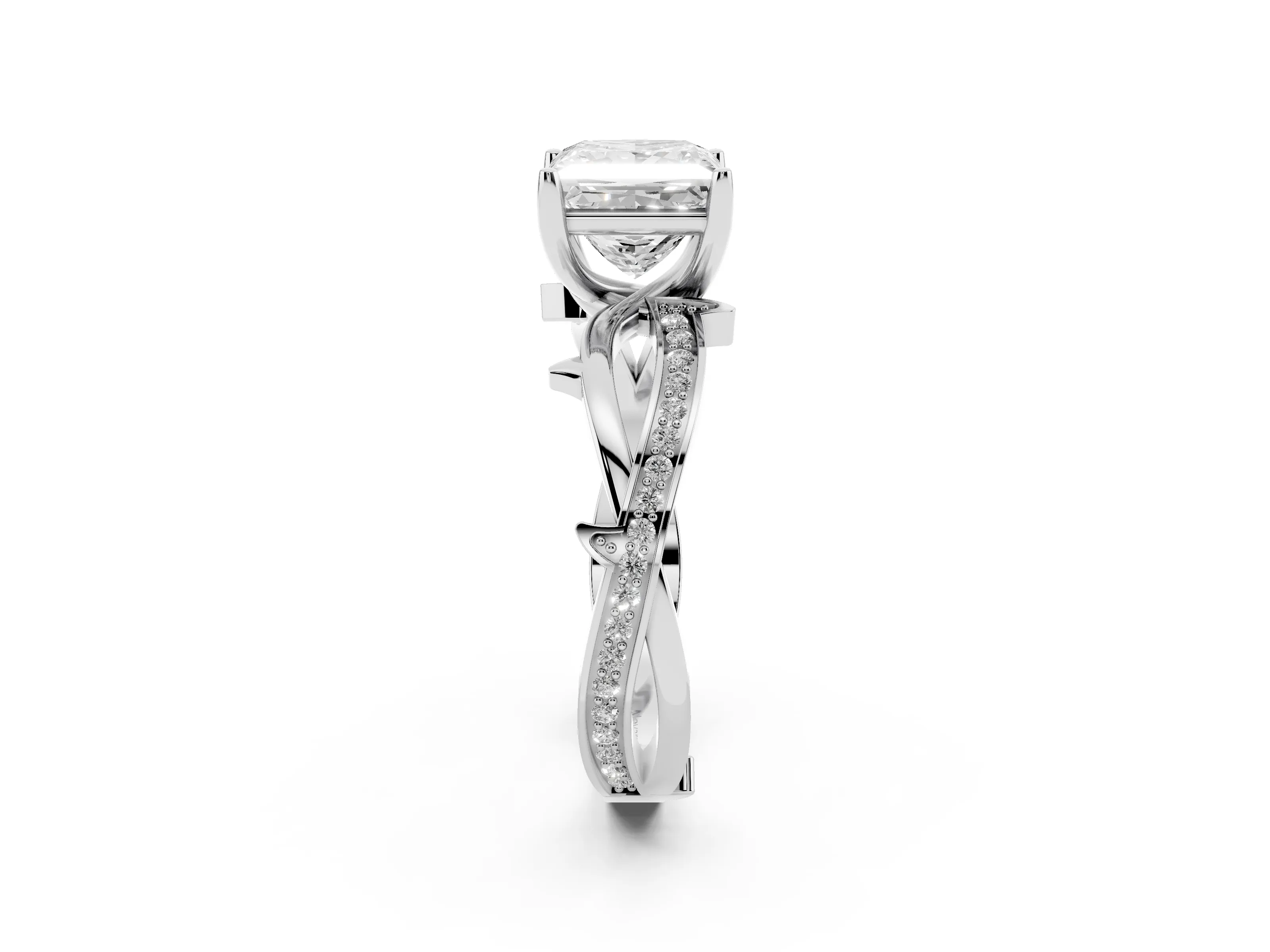 Princess Cut Diamond Pavé Twist Band Solitaire Ring Set in White gold with Prong Setting