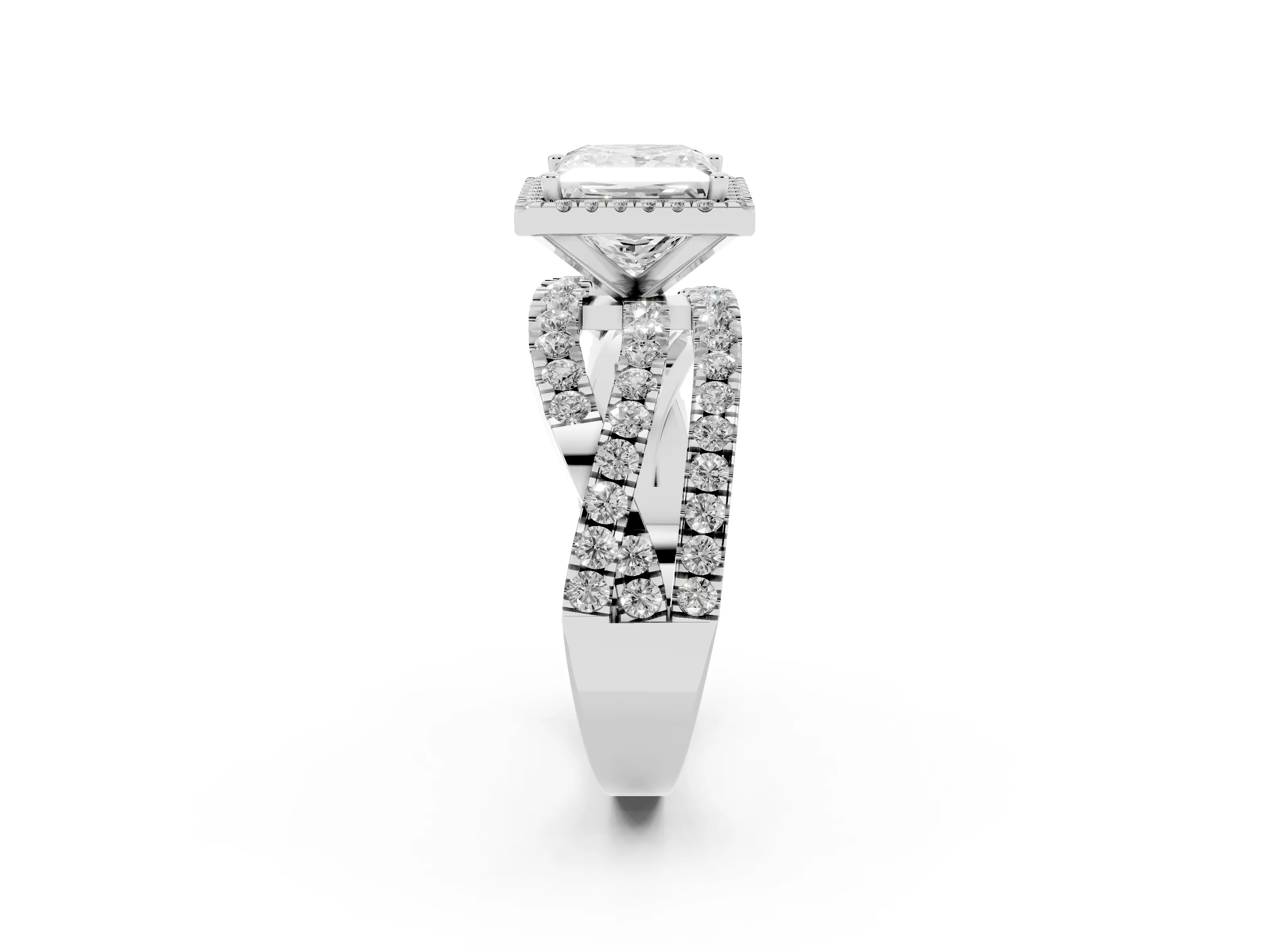 Princess Cut Diamond Halo Ring Set in Platinum with Round Crossover Split Shank and Prong Setting