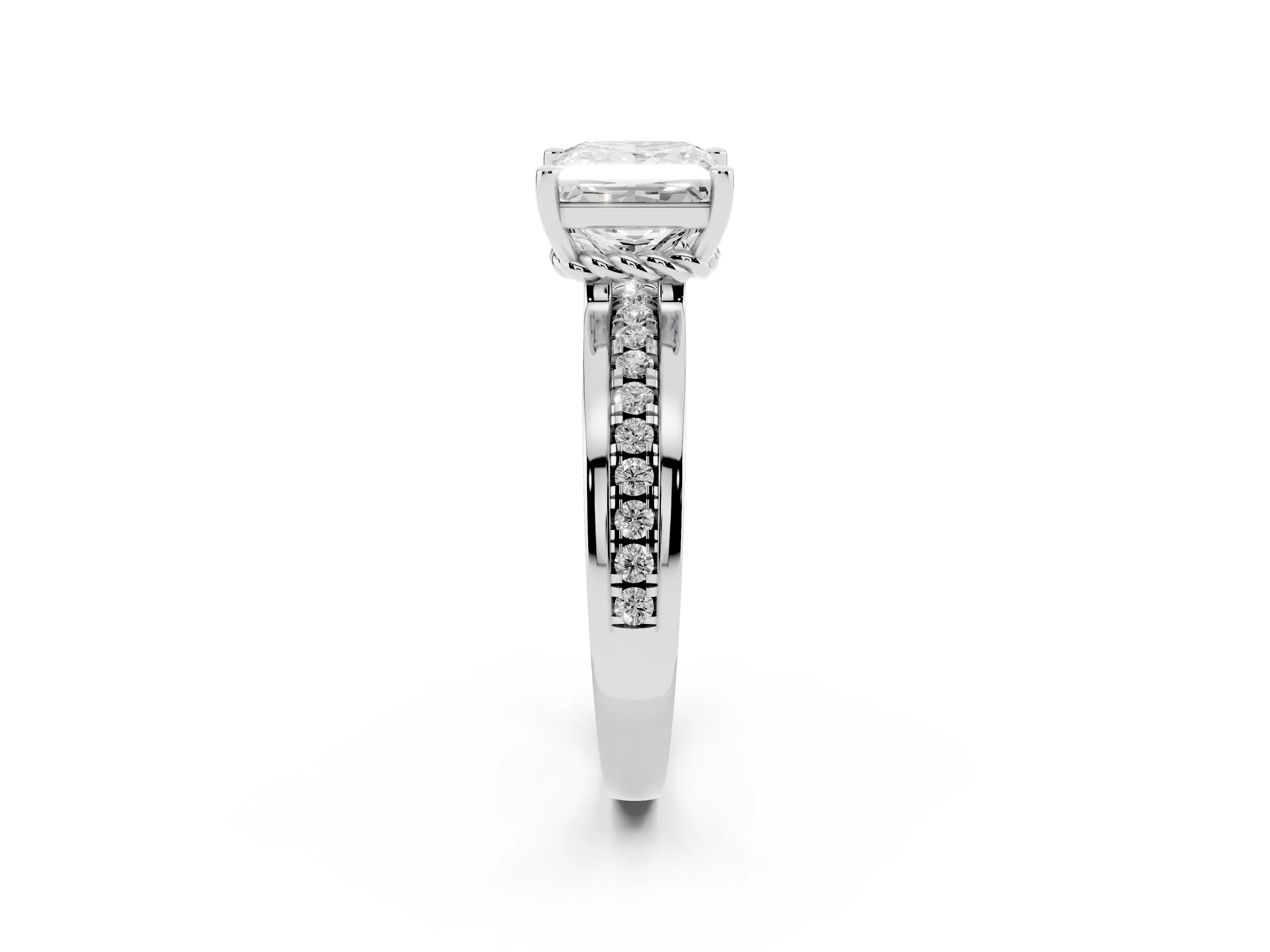Princess Cut Diamond Solitaire Ring Set in White gold with Channel Set Band and Prong Setting