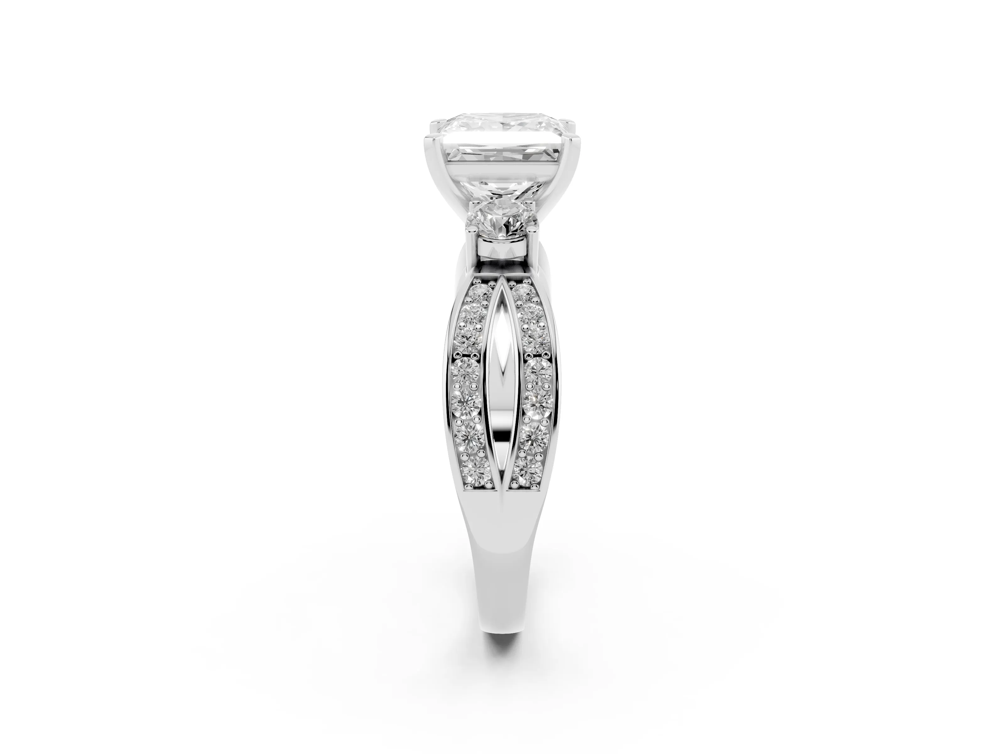 Three-Stone Princess Cut Diamond Twist Band Ring Set in Platinum with Pavé Accents and Prong Setting