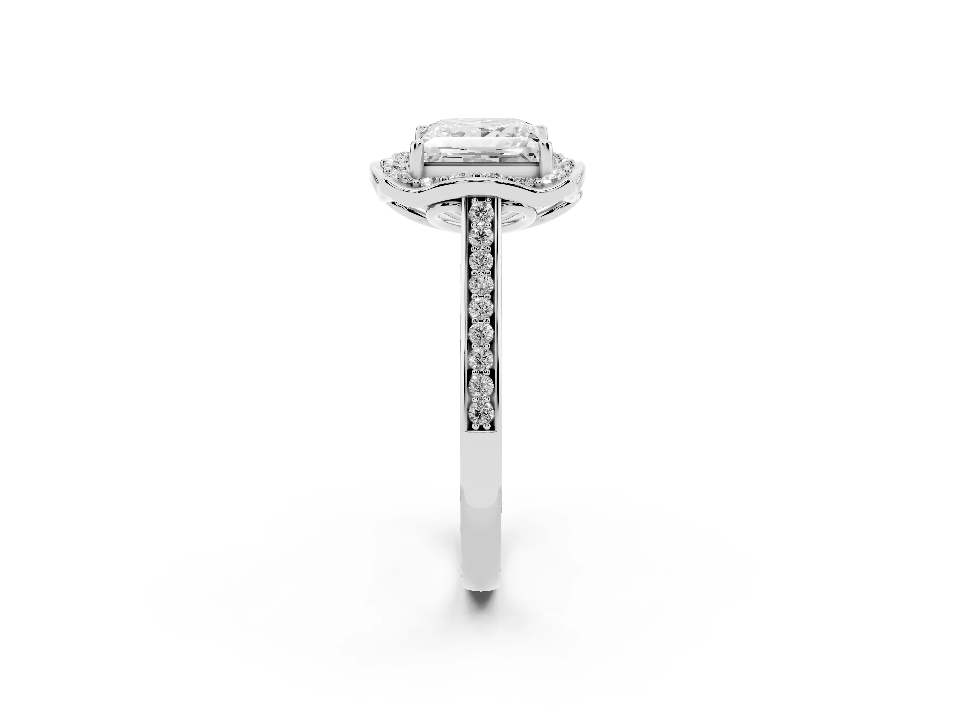Princess Cut Diamond Halo Ring Set in Silver with Pavé-Lined Shoulders and Prong Setting