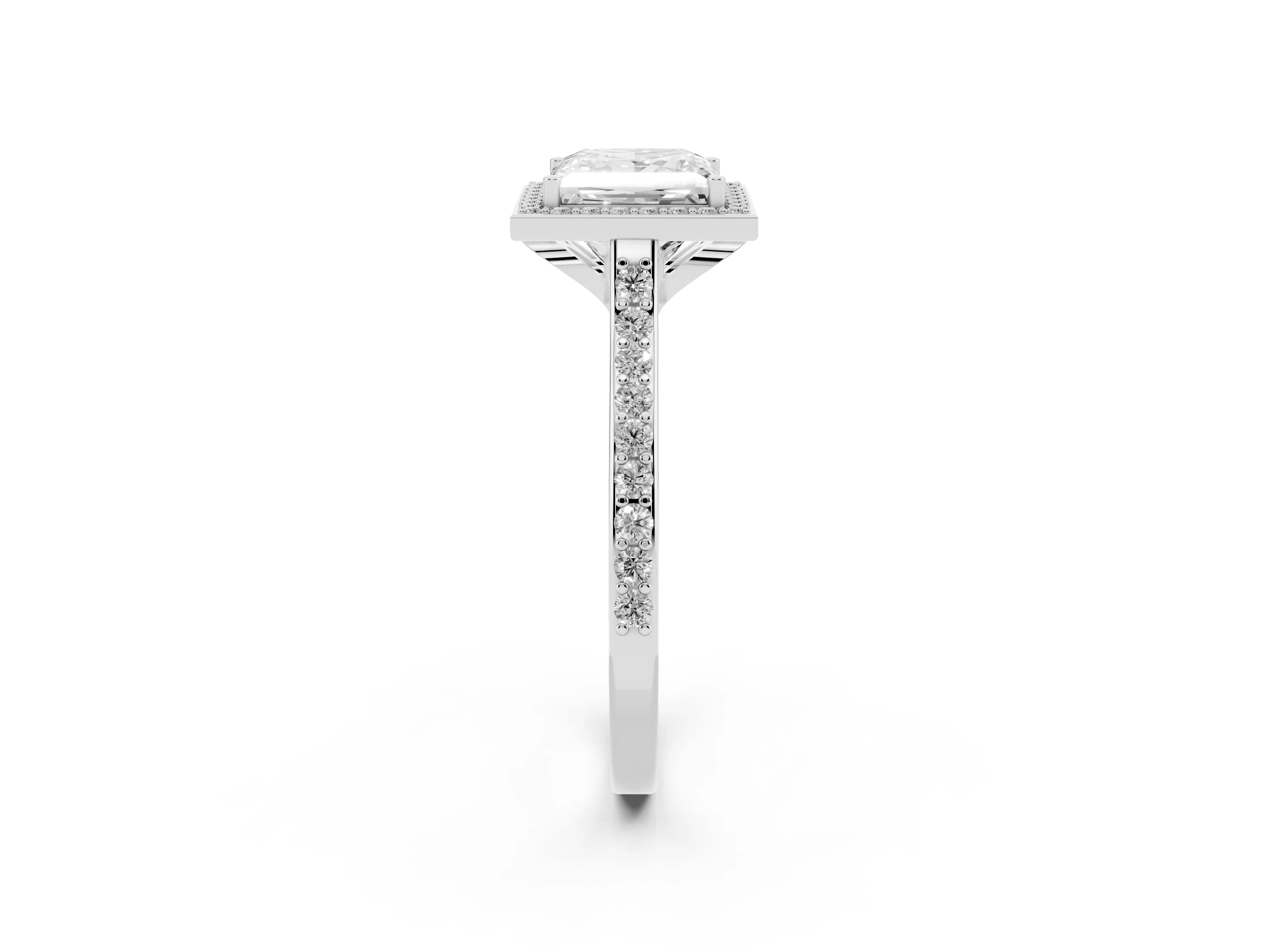 Princess Cut Diamond Halo Engagement Ring Set in White gold with Round Pavé Shoulders and Heart Gallery