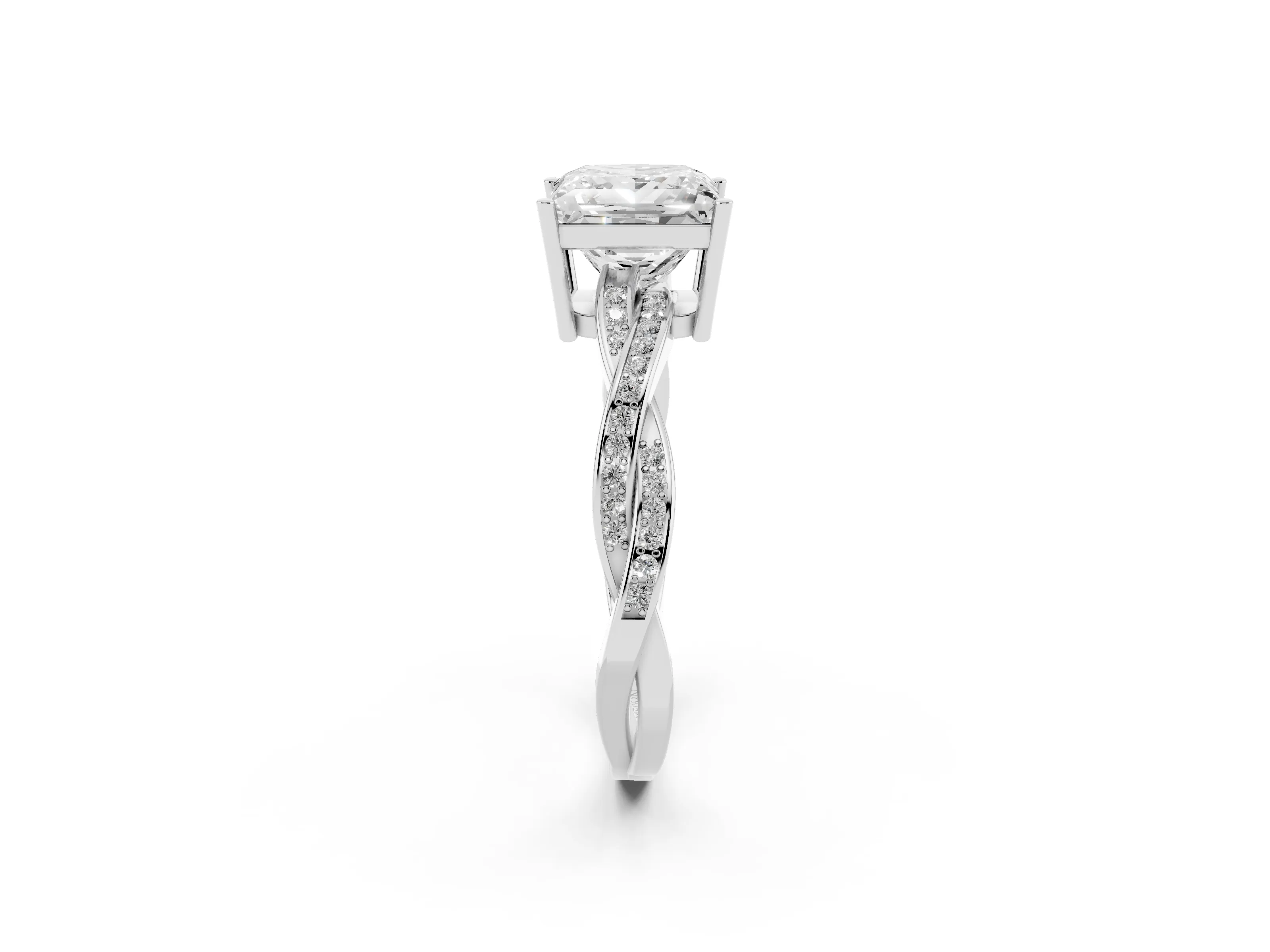 Princess Cut Diamond Solitaire Twisted Pavé Ring Set in White gold with Prong Setting