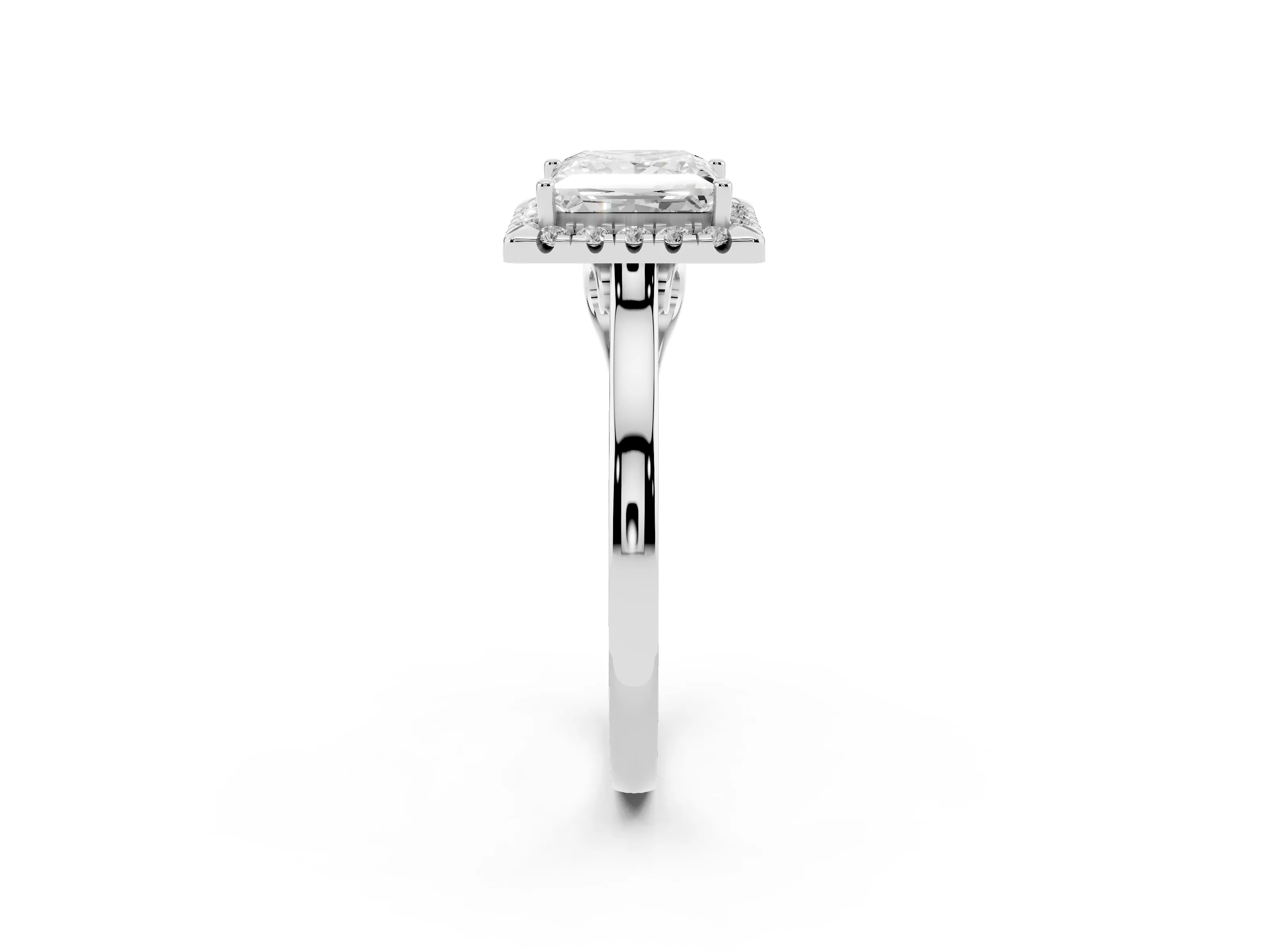 Princess Cut Halo Round Diamond Solitaire Ring Set in White gold with Pavé Band and Prong Setting