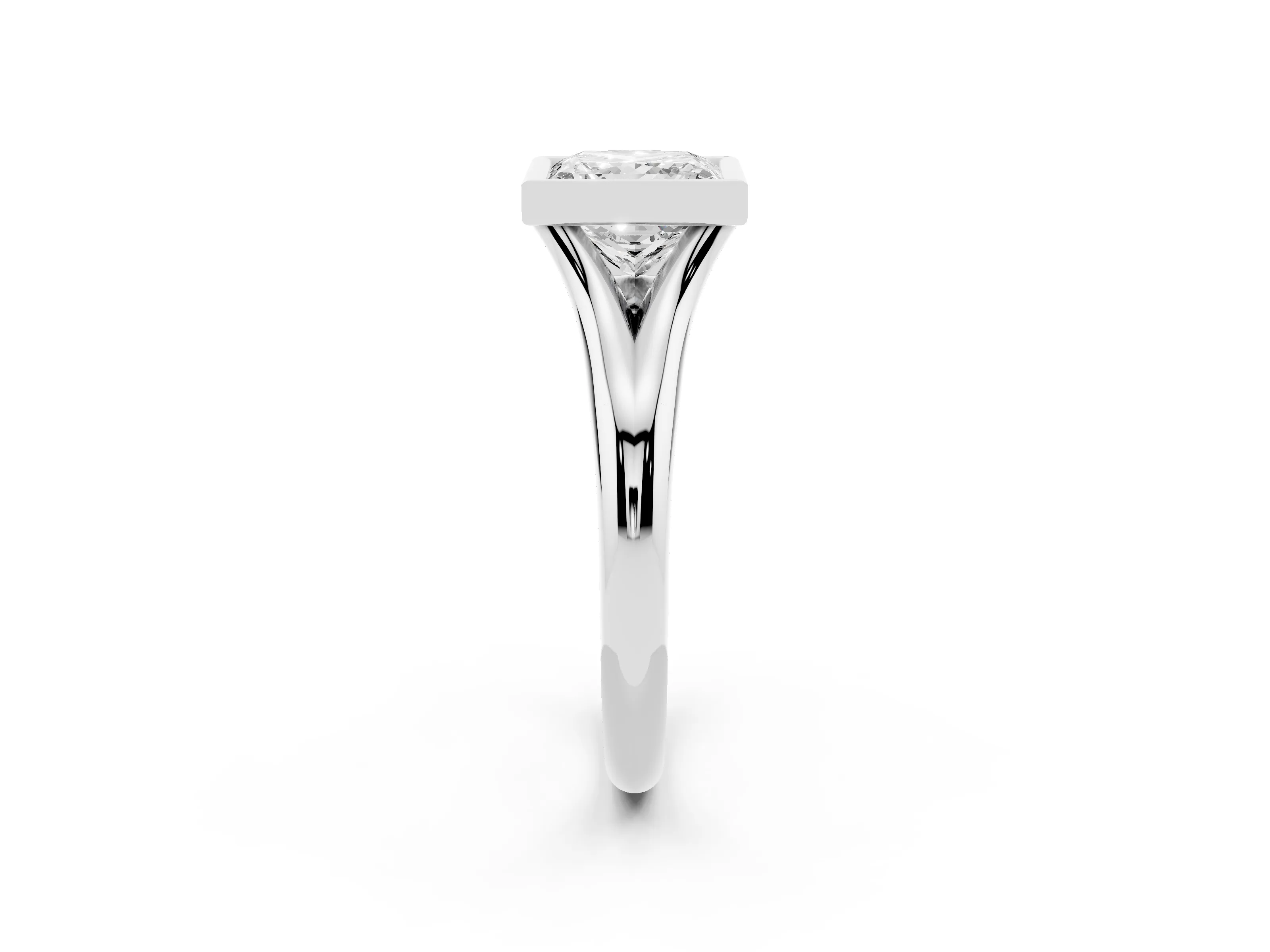 Bezel Set Princess Cut Diamond Solitaire Ring Set in Platinum with Smooth Band