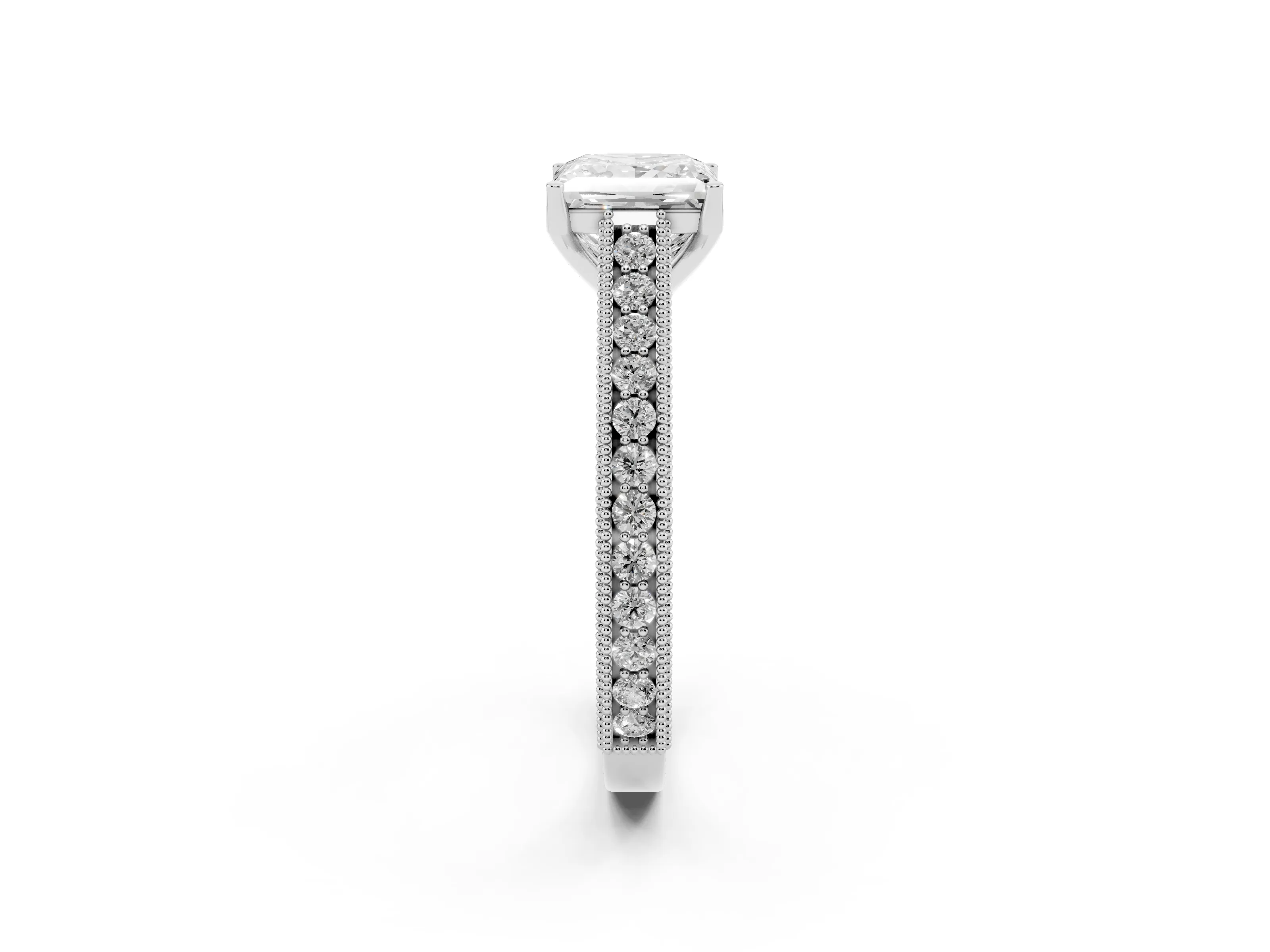 Princess Cut Diamond Milgrain Pavé Band Solitaire Ring Set in White gold with Prong Setting